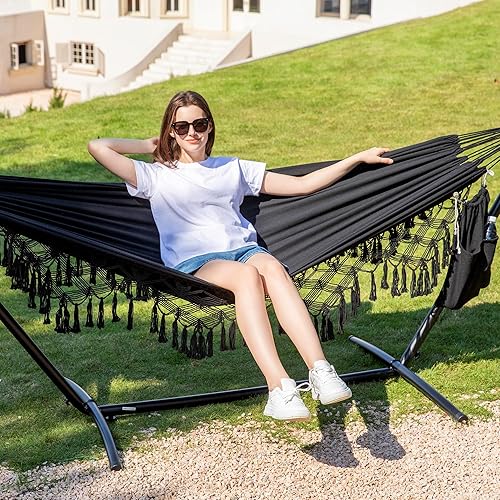 Miniatura 7 de PNAEUT Hamacas con borlas hechas a mano, hamaca doble con soporte para interior y exterior, capacidad máxima de 450 libras, almohada y bolsa de