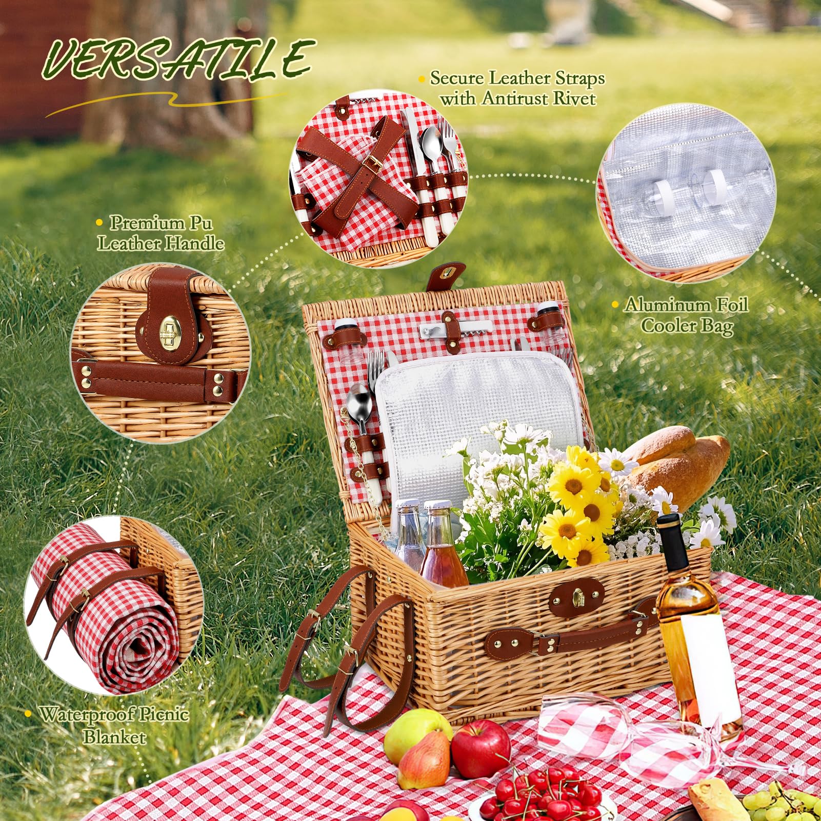 Cestino da Picnic in Vimini per 4 Persone, Cesto Picnic Vintage, con Scomparto Termico, Coperta Impermeabile, Posate, per Campeggio, Festa all'Aperto, Spiaggia, Rosso