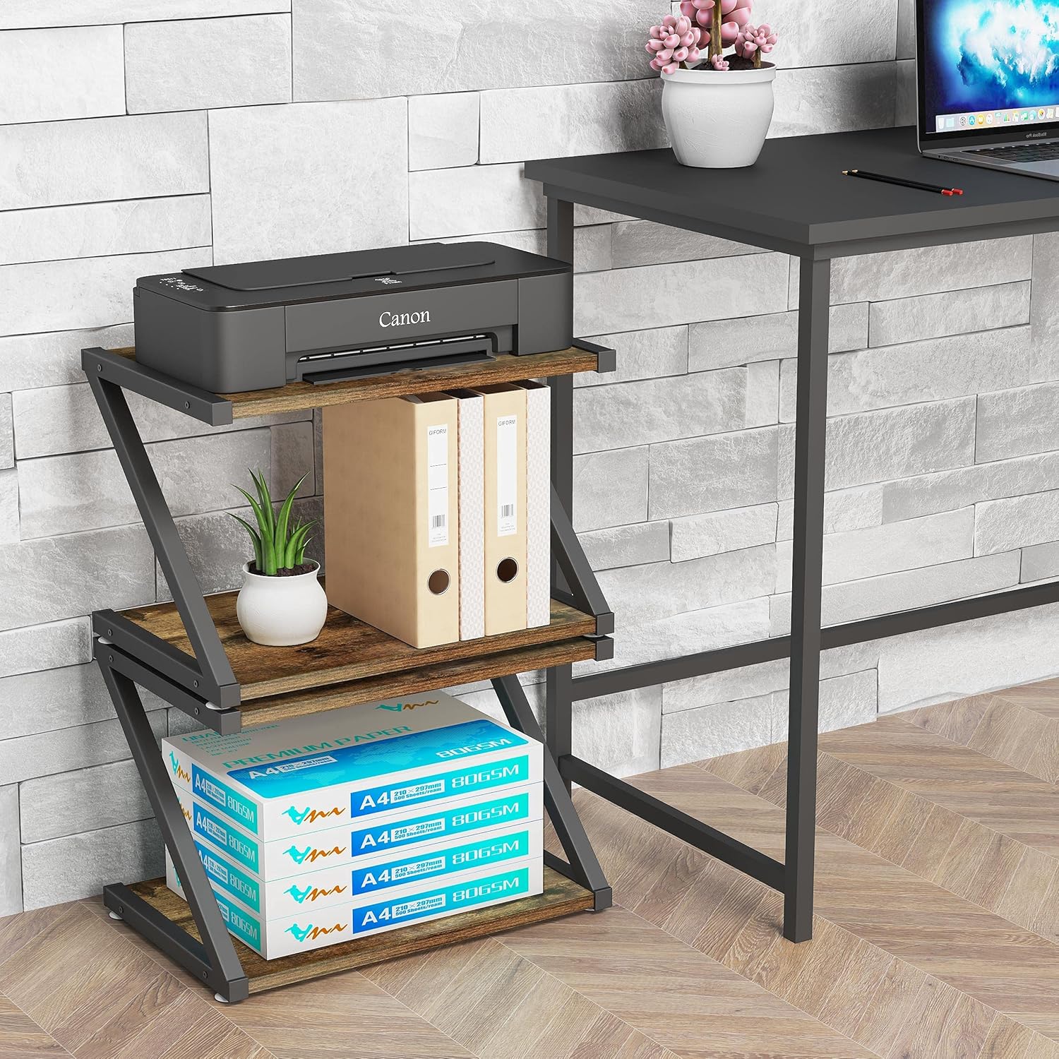 Black Desktop Printer Stand with Storage Small Printer Stand for Desk 2 Tier Multi-Purpose Table Organizer for Fax Machine Scanner Files Books