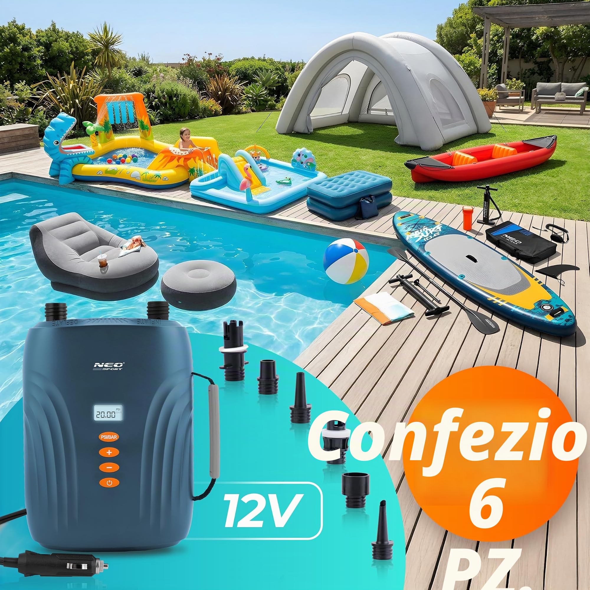 Neo-Sport Pompa ad aria elettrica 12 V per SUP, materasso ad aria e gonfiabile, pompa SUP 20 PSI con doppio motore, arresto automatico, 6 adattatori e funzione deflate