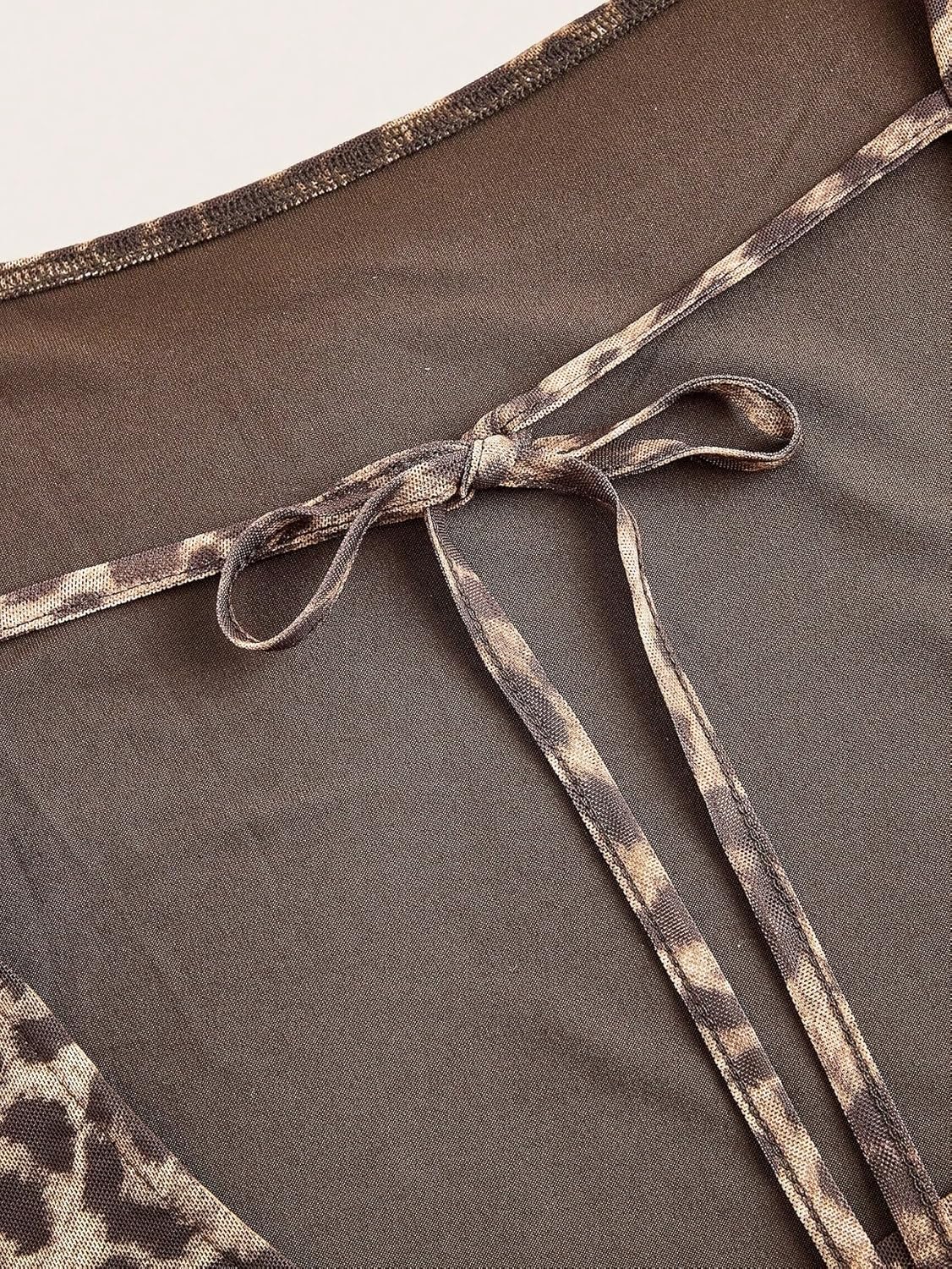 GORGLITTER Women's Cheetah Leopard Animal Print Dress Y2k Backless Mesh Long Sleeve Bodycon Mini Dresses - Image 4