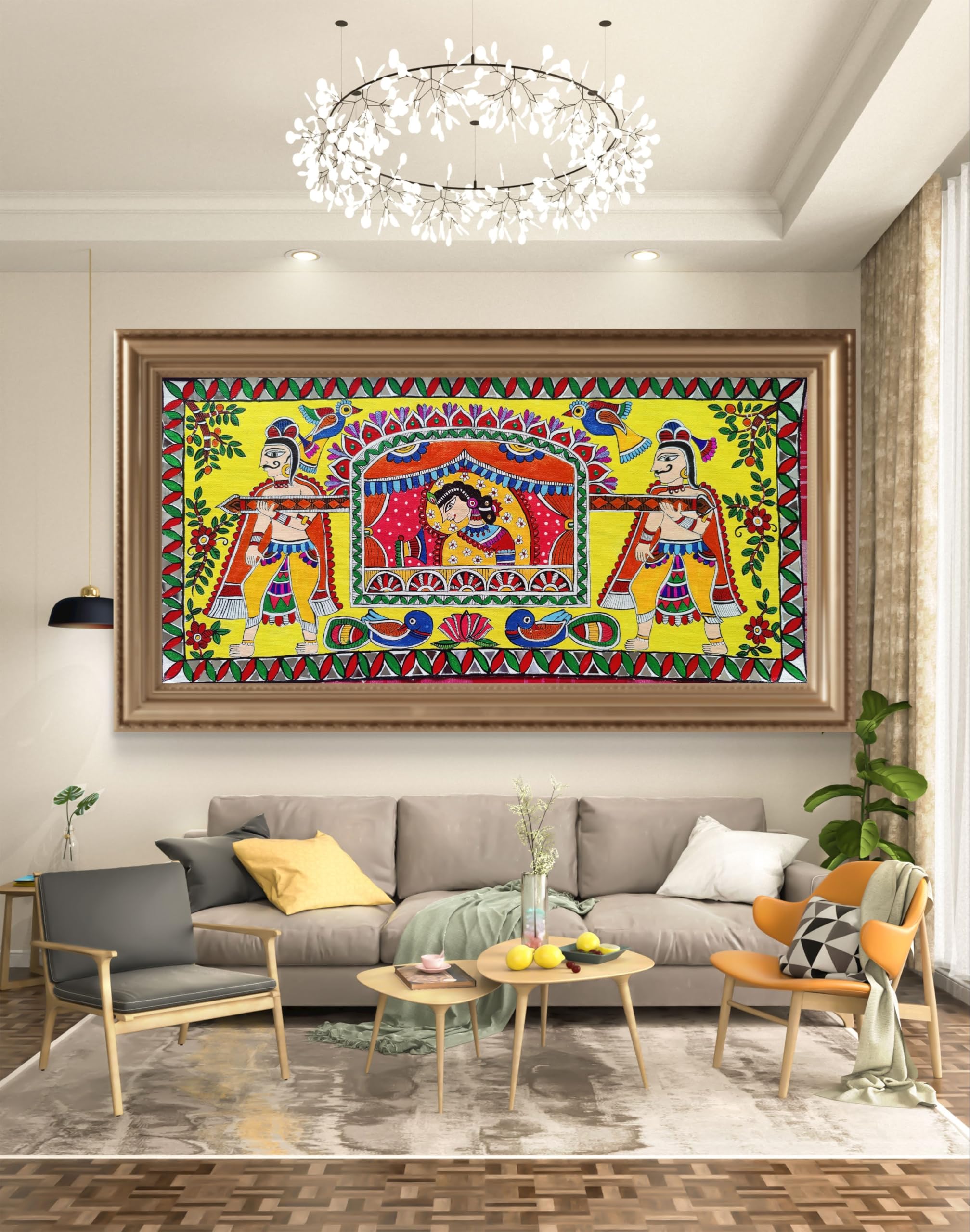 BHARAT ART BAZAAR | Handmade Madhubani Painting of Sita Swayamvar - Traditional Indian Folk Art Wall Decor with mirror work on borders| Handcrafted Home D�cor Wall Art (Handmade Artwork) | 24" x 12"-image-19