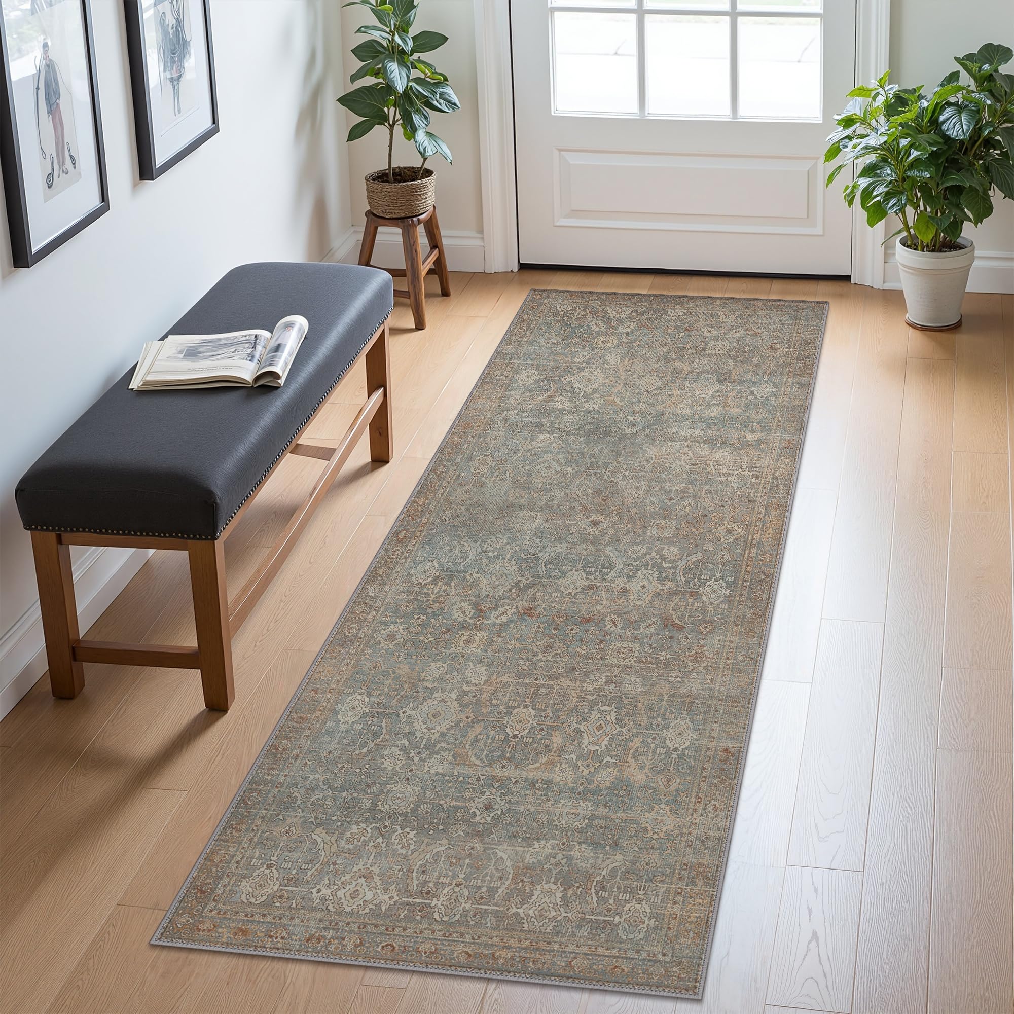 2x5 Runner Rug Machine Washable Boho Rug Runners for Hallway,Ultra-Thin Low Pile Rug,Lightweight Indoor Carpet,Non Slip Floral Runners for Enrtyway,