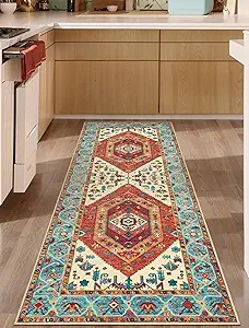 SERISSA Boho Washable Runner Rug, 2x6 Rug Runner Non-Slip Vintage Orange Hallway Kitchen Runner Rug Ultra Soft Print Distressed Tribal Floor Carpet Runner for Bedroom Bathroom Laundry Living Room