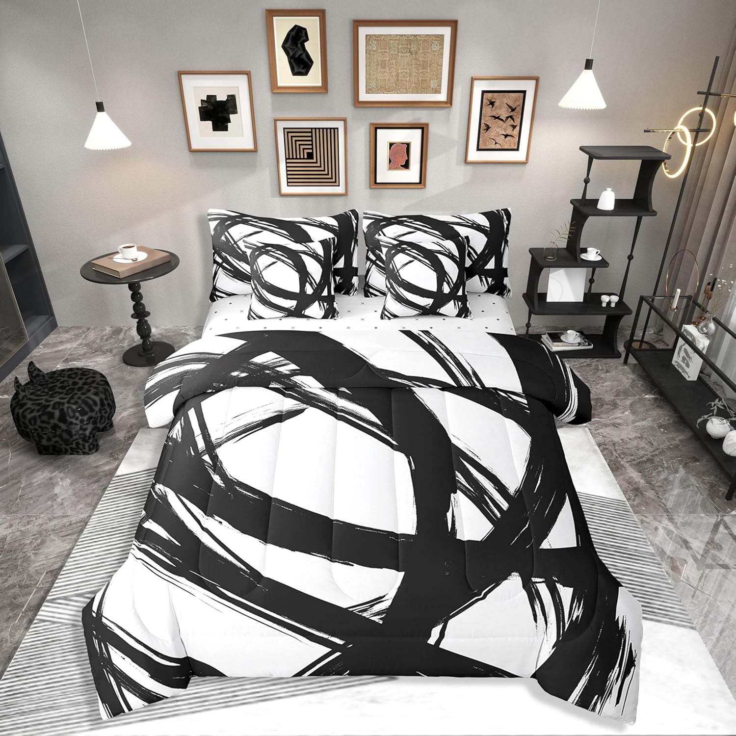 7Pcs Black and White Abstarct Bed in A Bag Queen for Adult Women Men, Geometric Striped Comforter Set for Minimalists,Graffiti Aesthetic Lines Bedding Set,Contemporary Boho Modern Bed Sheets