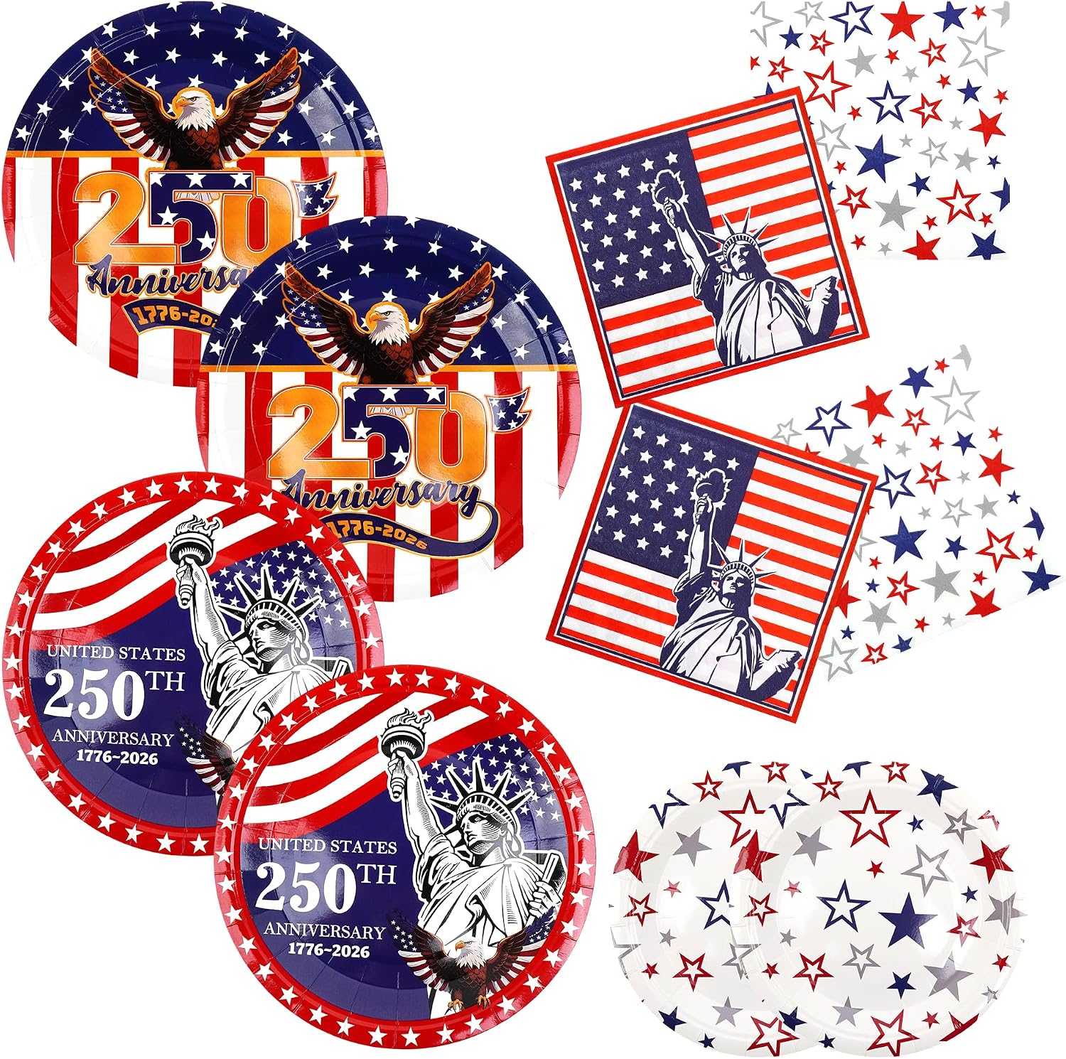 4th of July Party Supplies Set for 50 Guests, 250th Anniversary Patriotic Plates and Napkins Kit for Independence Day Celebration Red White Blue Decor