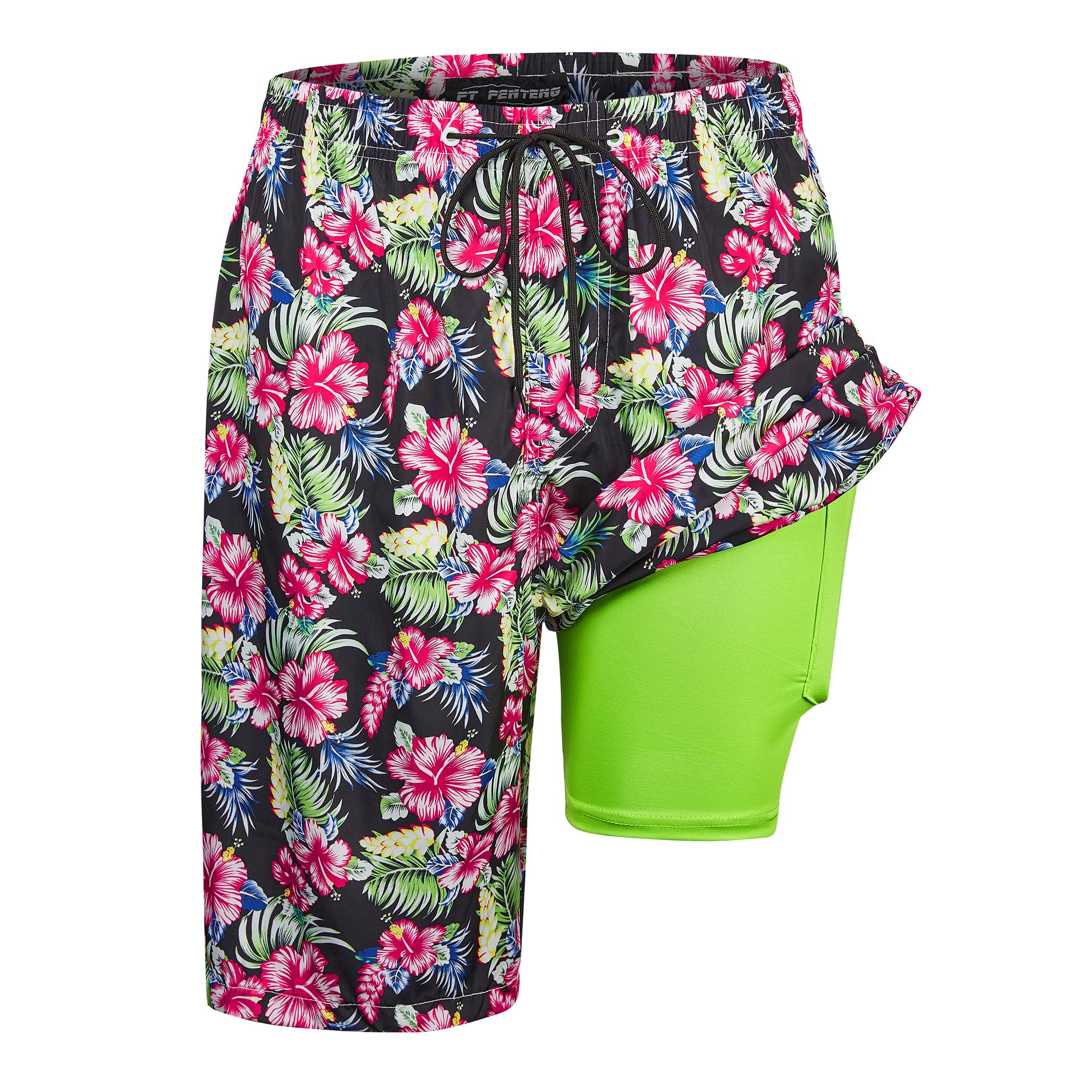 Mens Swim Trunks with Compression Liner 9" Board Shorts with Zipper Pockets