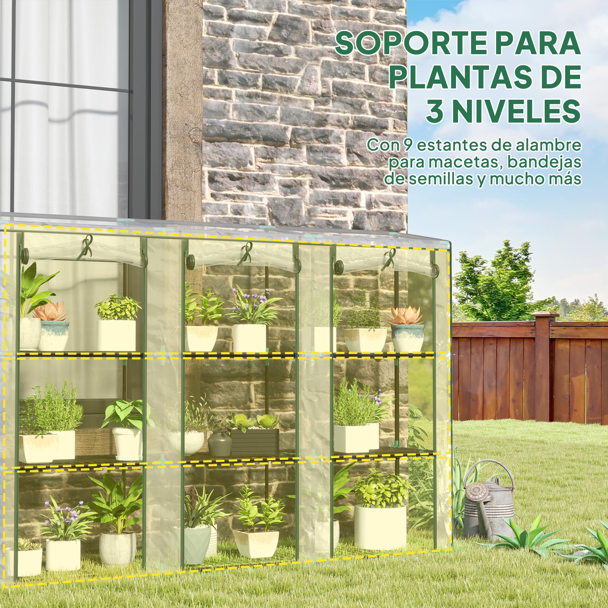 Outsunny Invernadero de Exterior de 3 Niveles Invernadero de Jardín con 9 Estantes Puerta Enrollable con Cremallera Marco de Acero Cubierta de PE 140g/m² Anti-UV para Terraza 215x46x151cm Transparente