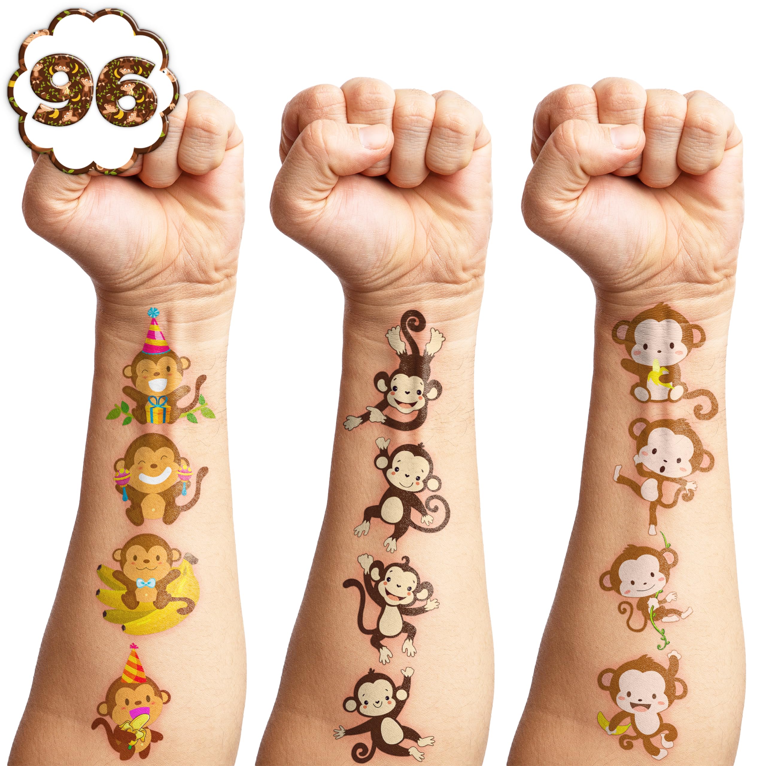96PCS Little Monkey Temporary Tattoos Birthday Party Decorations Favors Supplies Decor Cute Funny Wild Monkeys Jungle Safari Animals Tattoo Stickers Gifts For Kids Boys Girls School Prizes Carnival