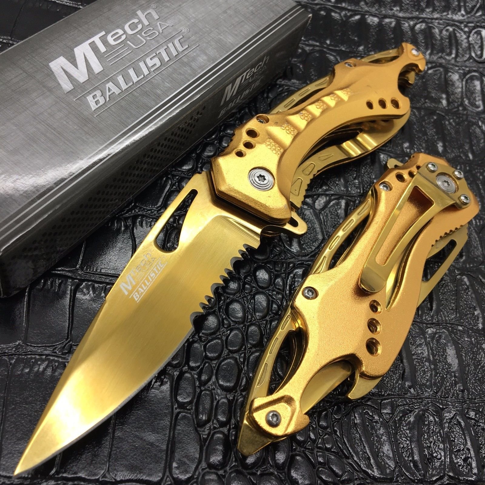 NewM-Tech Spring Assisted ALL GOLD TI-Coated Aluminum Tactical Rescue Pocket Eco'Gift LIMITED EDITION Knife with Sharp Blade!