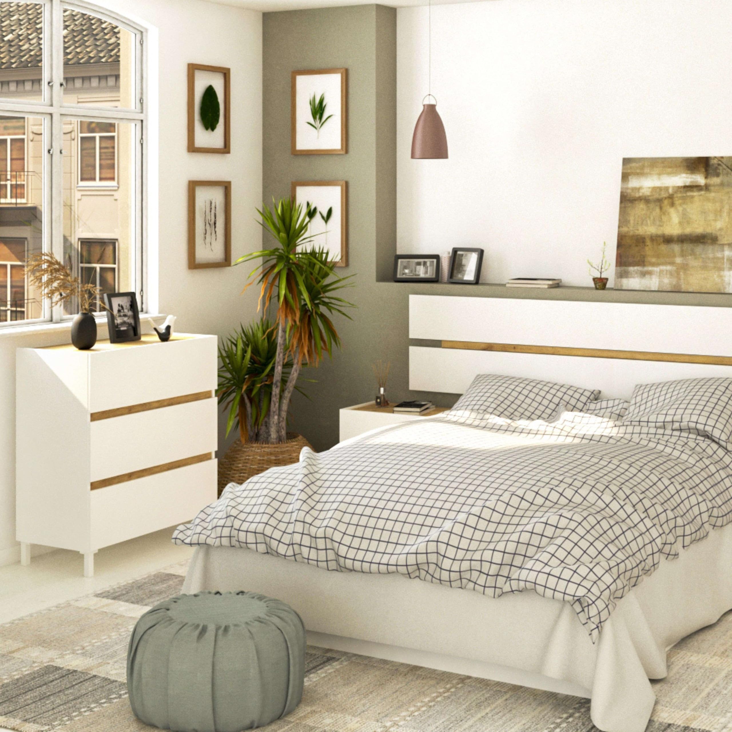 Habitdesign Cómoda de 3 Cajones Tempus con Patas | Mueble Cajonera Estilo Nórdico para Dormitorio | Color Blanco Artik y Roble Nodi, Medidas 91 x 79 x 41 cm