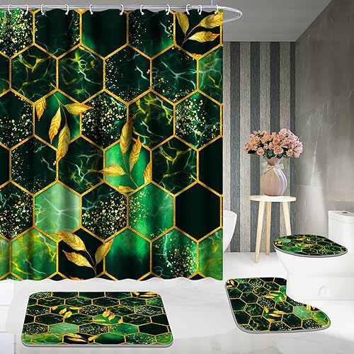 Miniatura 5 de Poedist Juego de 4 cortinas de ducha de baño, juego de baño de mármol de panal verde con alfombras (tapete de baño, en forma de U y tapa de inodoro)