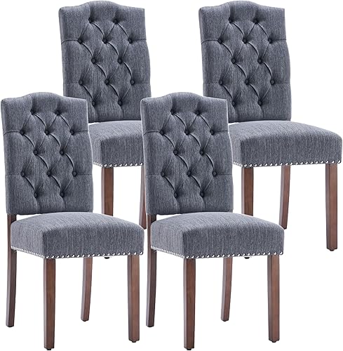 Juego de 4 sillas de comedor Parsons tapizadas con ribete de clavos y patas de madera maciza resistentes, color gris