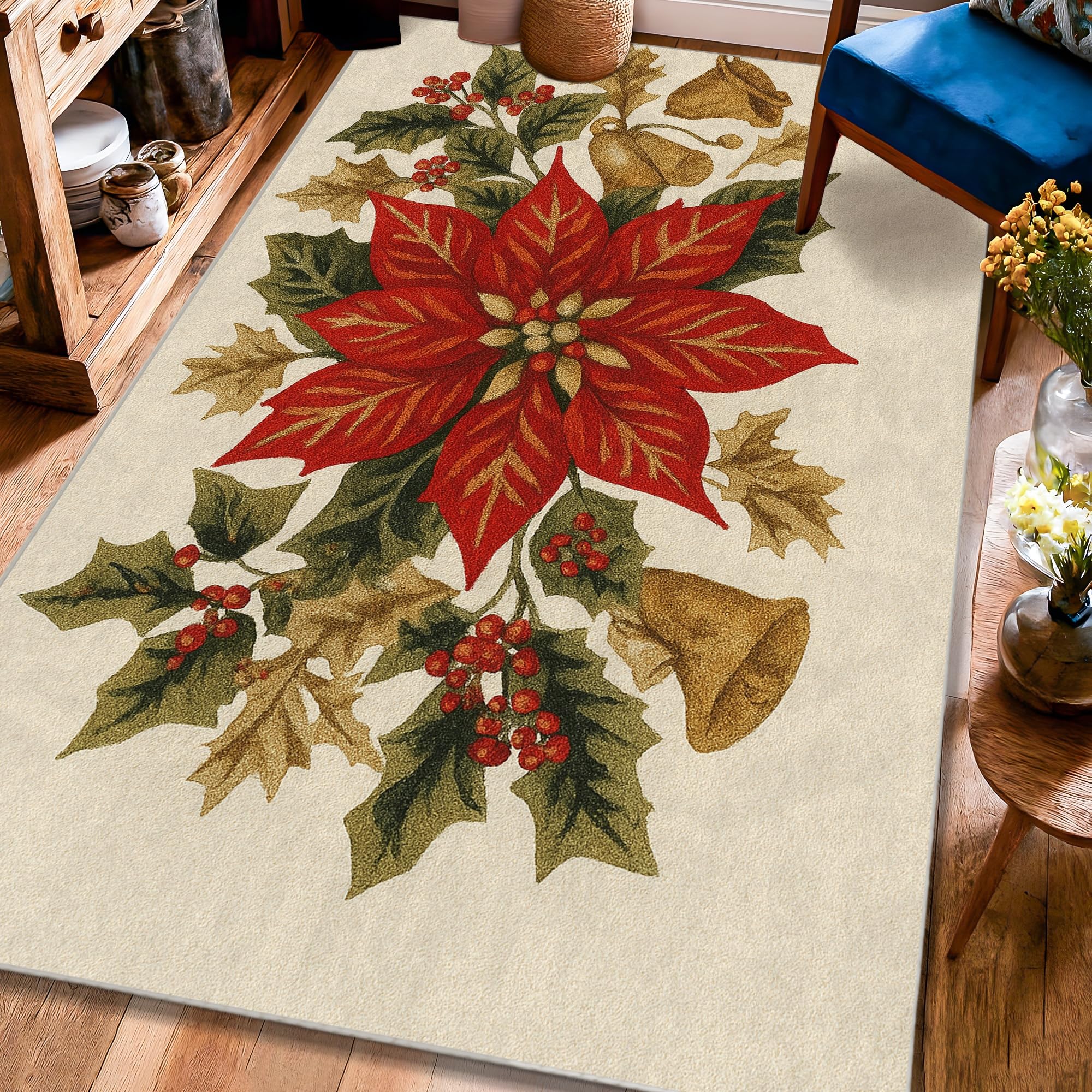 Tapis rectangulaire Noël Poinsettia 1,2 x 1,8 m antidérapant pour salon et chambre