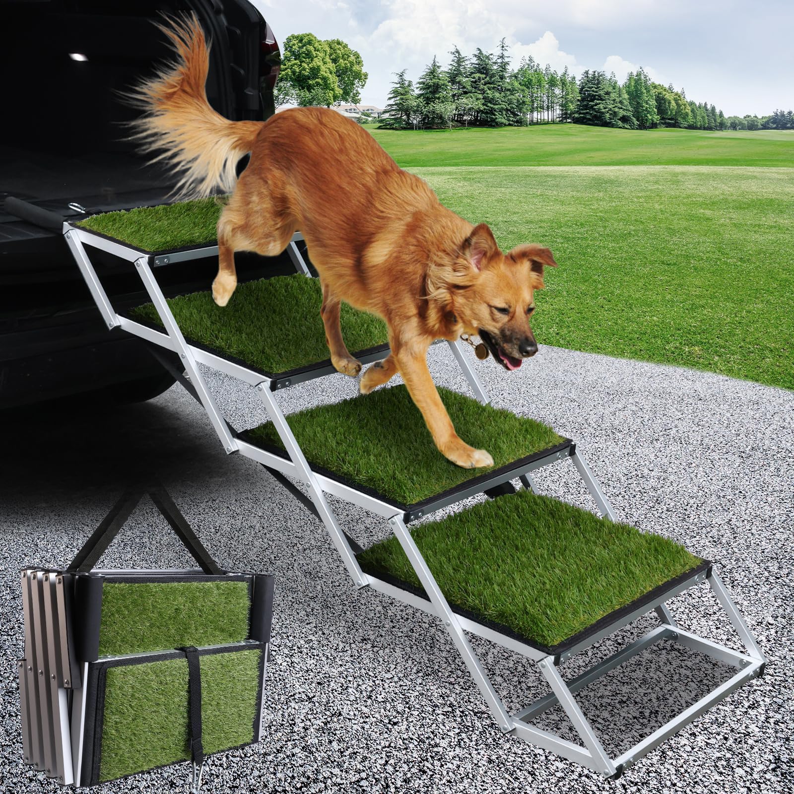 DGSL Dog Ramp for Car, Extra Wide 4 Steps Stairs for Truck, Folding Steps for Dogs with Non-Slip Surface, Pet Loader Dog for Large Dog, SUV, Side Door