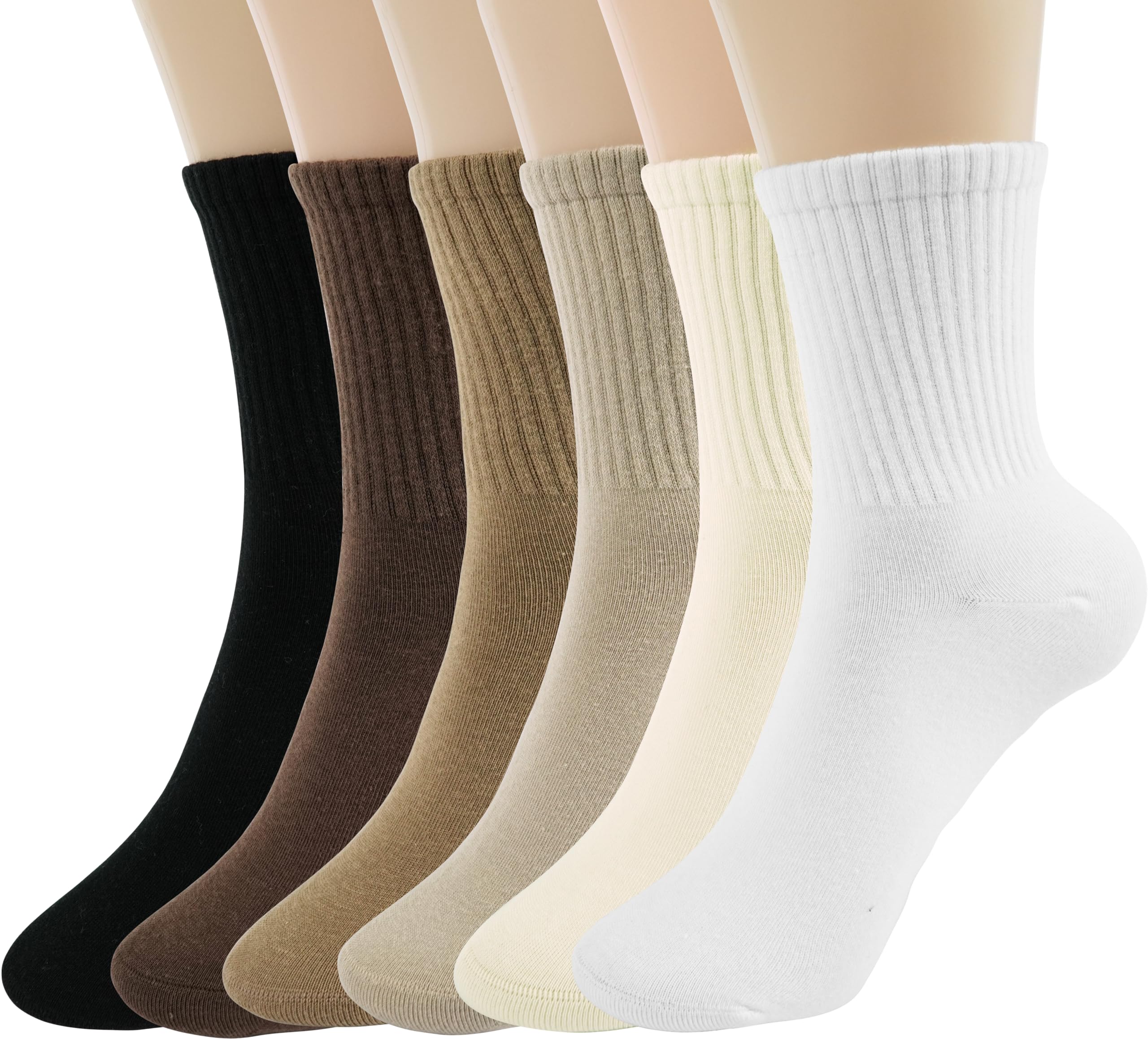 BomKinta Women Casual Calf Socks - Cute Cotton Crew Socks - Thin Soft Above Ankle Sock 6 Pairs White Beige Brown Light Brown Khaki Black Size 5-10