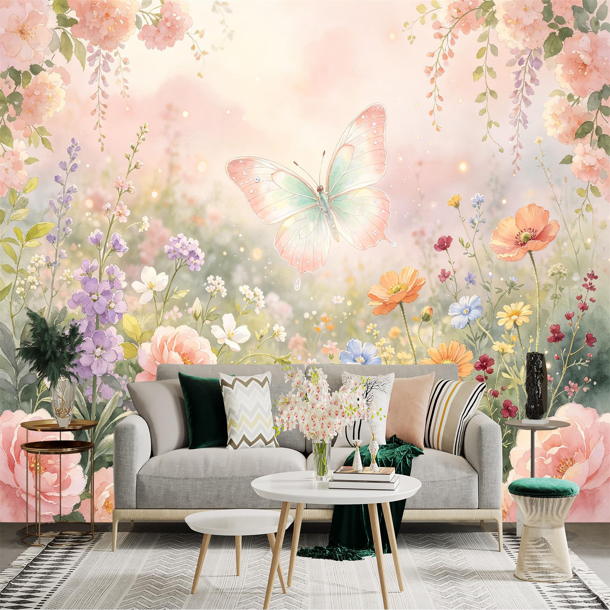 Lnzczhyre Bh260719385 Custom Size Wall Sticker Mural， Watercolor Butterfly In Blooming Spring Garden， Pastel Floral Meadow， For Wall Decoration， Peelandstick Wall Decals.