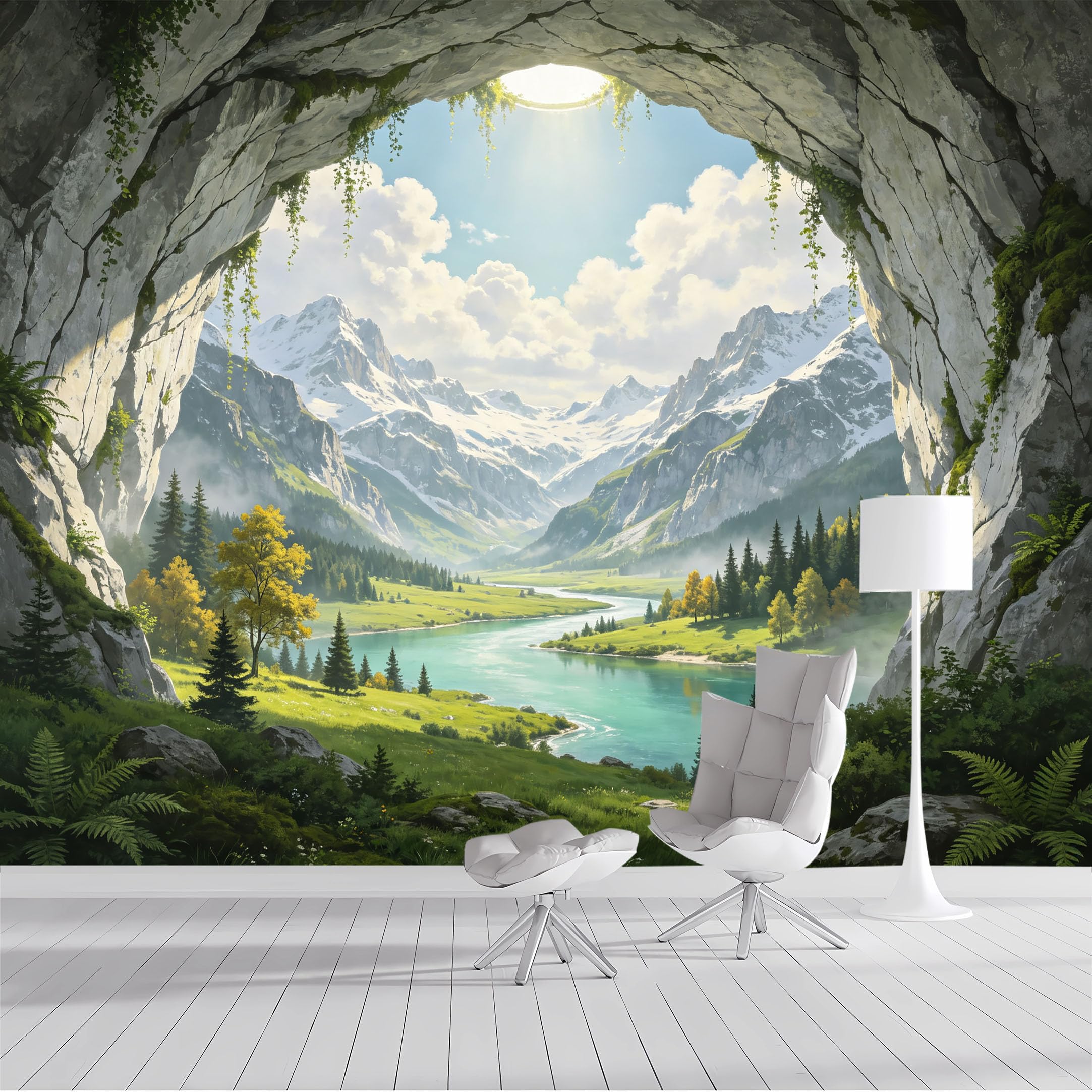 Custom Size Wall Mural Alpine Cave Mountain River Landscape Panoramic SelfAdhesive Wall Fabric Removable Peel and Stick Wallpaper Wall Decor for Living Room Bedroom Bathroom