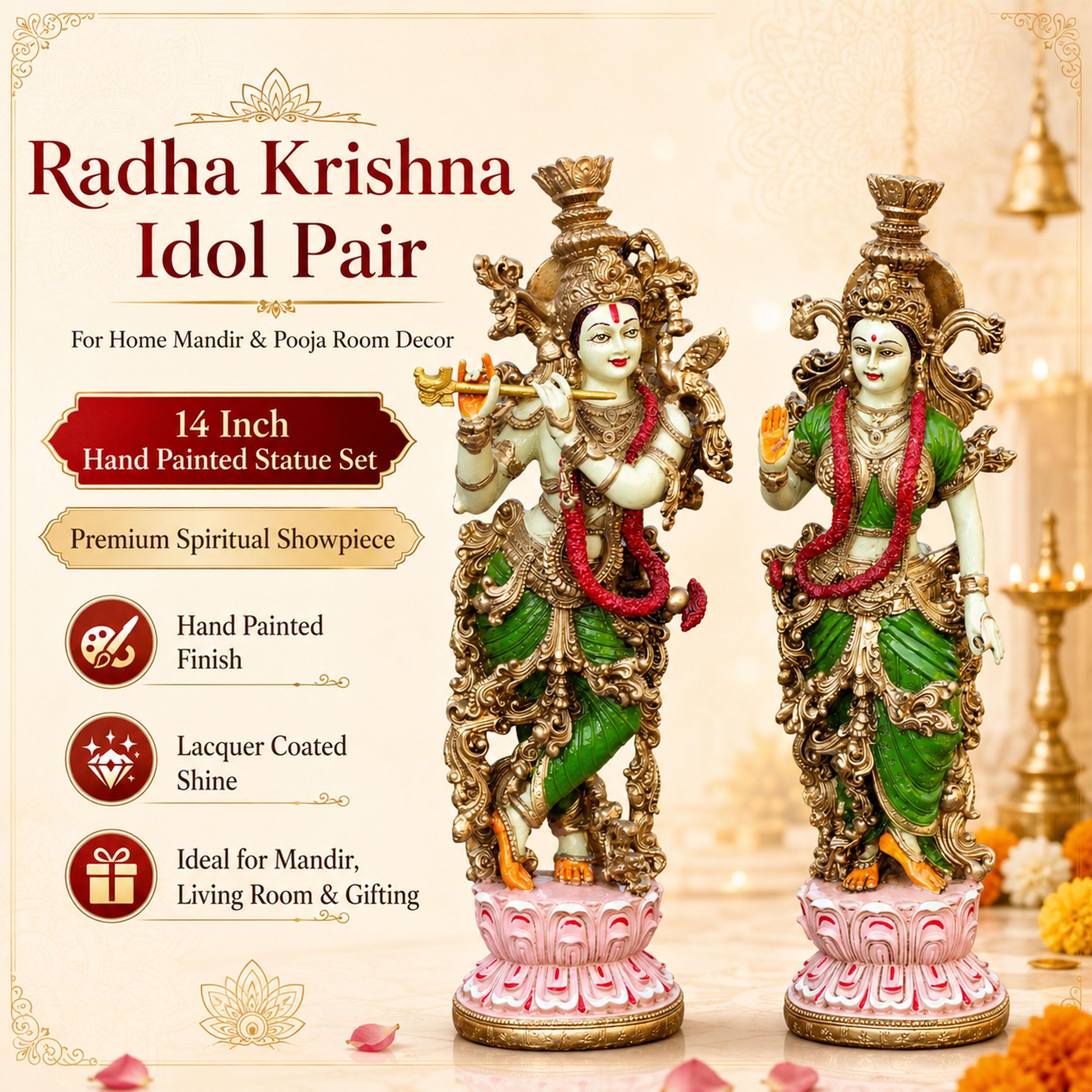 Radha Krishna Idol Pair for Home Mandir Pooja Room Decor | 14 Inch Hand Painted Lacquer Coated Statue Set | Premium Spiritual Showpiece for Living Room Office Temple Wedding Gift (Lotus) — photo — 2 of 8