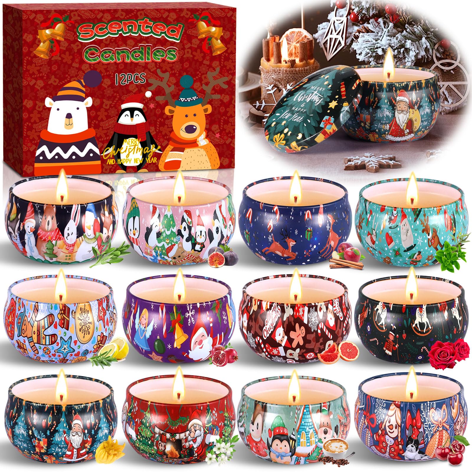 ZZXLOPEZ Velas Perfumadas, 12 Piezas Velas Perfumadas Juego de Regalo, Caja de Regalo con Velas Navideñas, Cera de Soja Natural, Velas Aromaticas para Baño Yoga San Valentín Cumpleaños Navidad