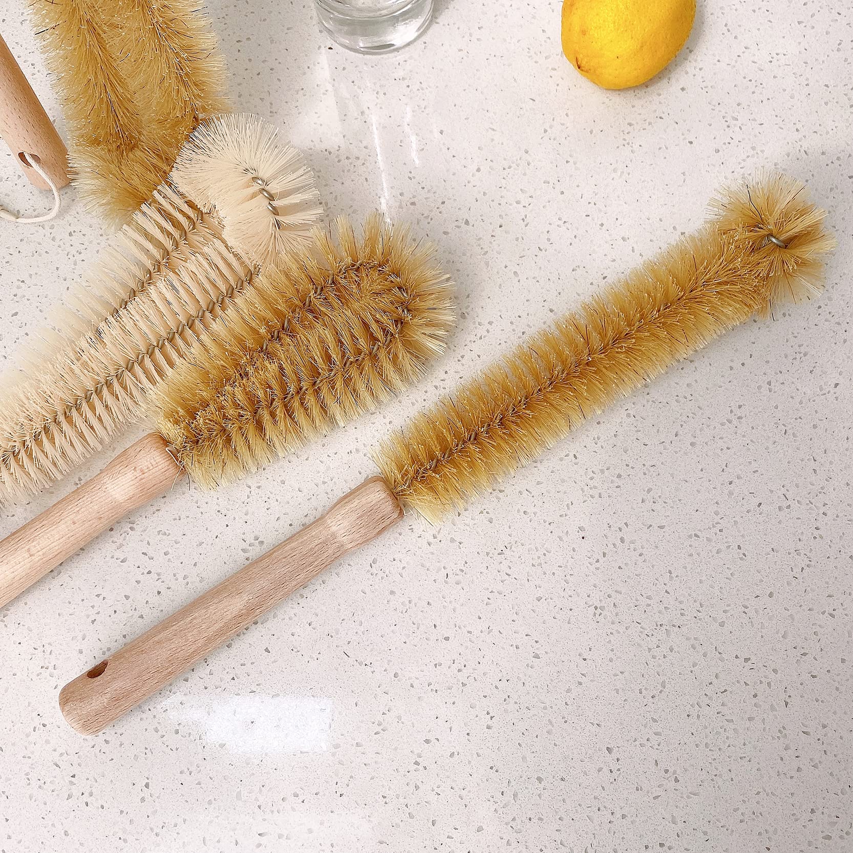 UPTALY 1 pcs 61cm/24'' Extra Long Nylon Brush, 1 pcs 32cm/13'' Bristle Bottle Brush, Wood Handle, Elbow Kitchen Brush, with 9 mm Stainless Steel Pole, for Tall Bottle, Big Vessels, Water Jag, Cup, Jar