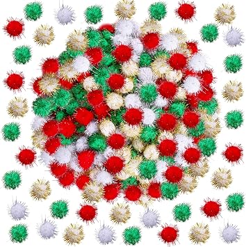 Cooraby 200-Piece Glitter Christmas Assorted Color Sparkle Balls Craft Pom Poms 15mm