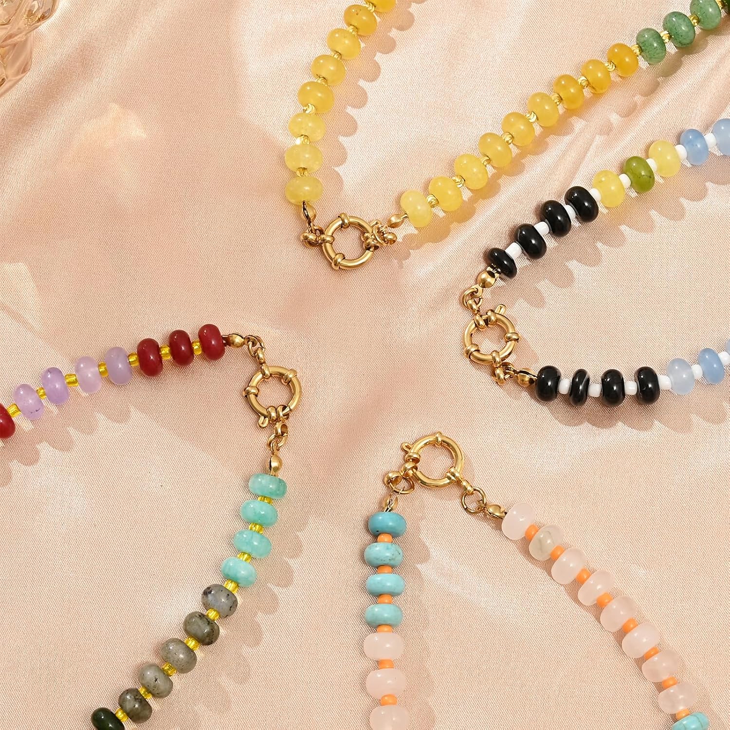 Natural Stone Beaded Necklace for Women - Boho Handmade Choker with Colorful Beads, 14K Gold Plated Circular Buckle - Surfer Beach Summer Jewelry Gift - Image 6