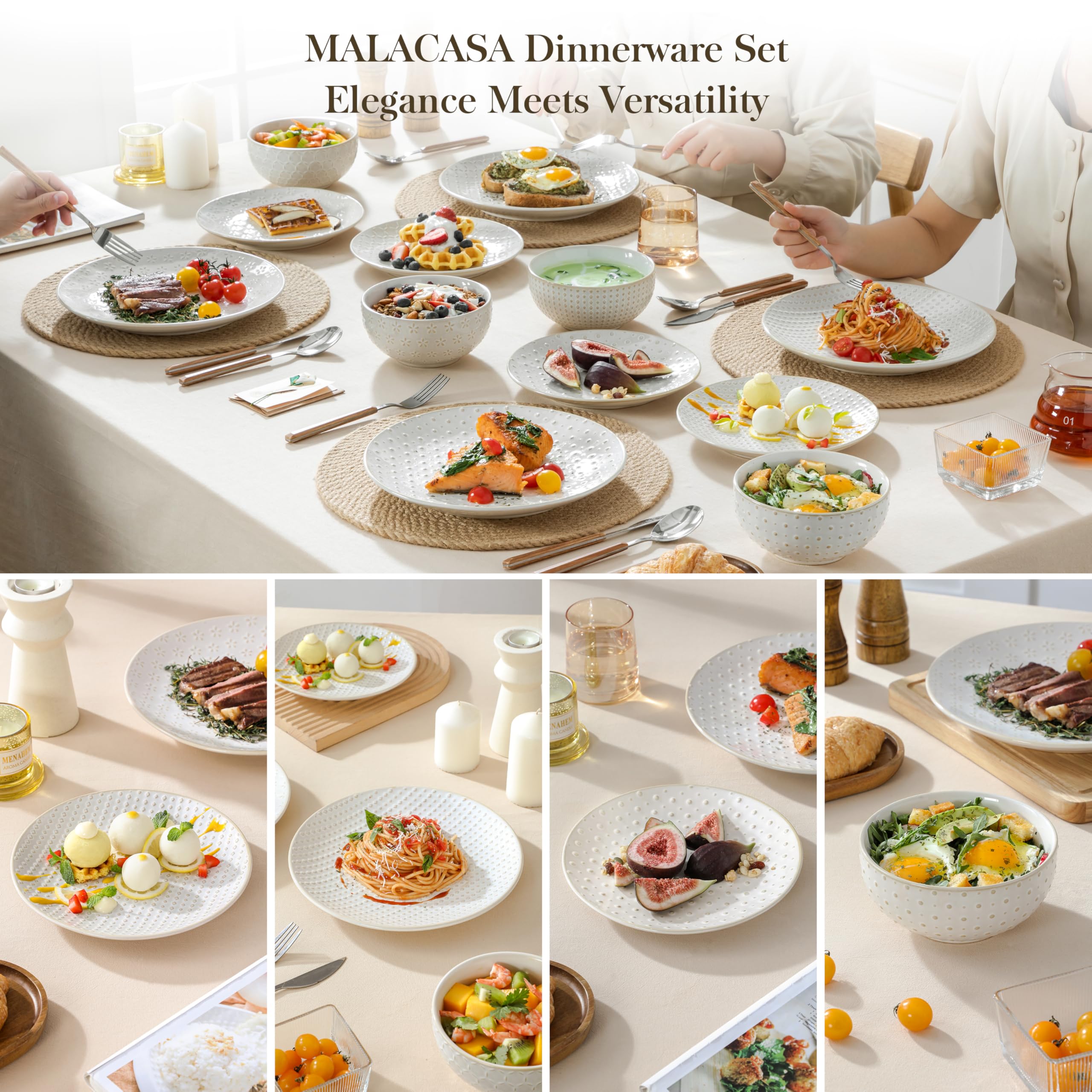 MALACASA 12-częściowy zestaw obiadowy dla 4 osób, zestawy talerzy i misek, 12 sztuk, wytłaczane zestawy obiadowe z kamionki, ceramiczne zestawy obiadowe, nadają się do kuchenki mikrofalowej, seria