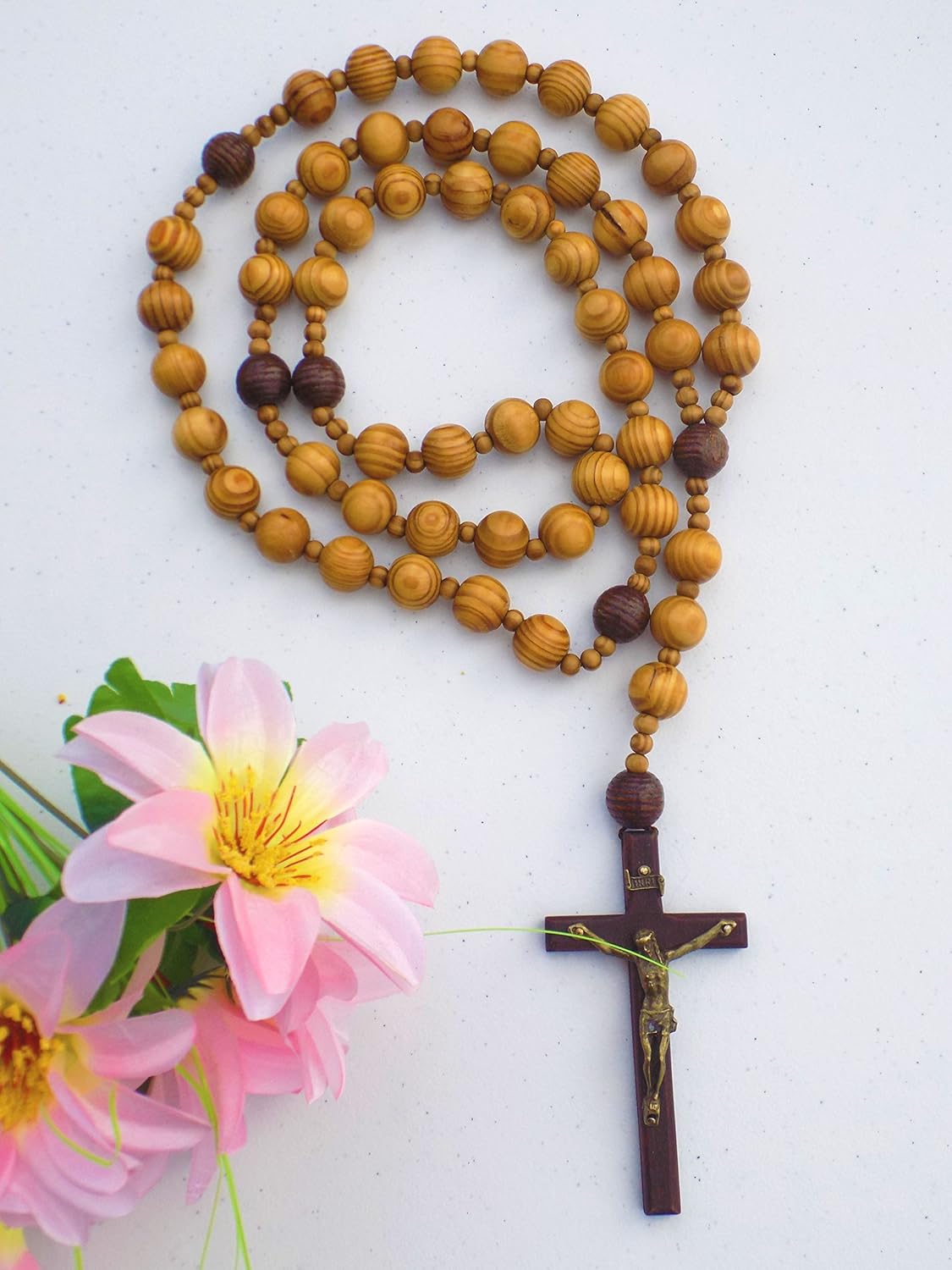 Holy big mix Beads sanctified rosario Natural wood Chain Jesus cross xl large 42" inches wall rosary with gift included.