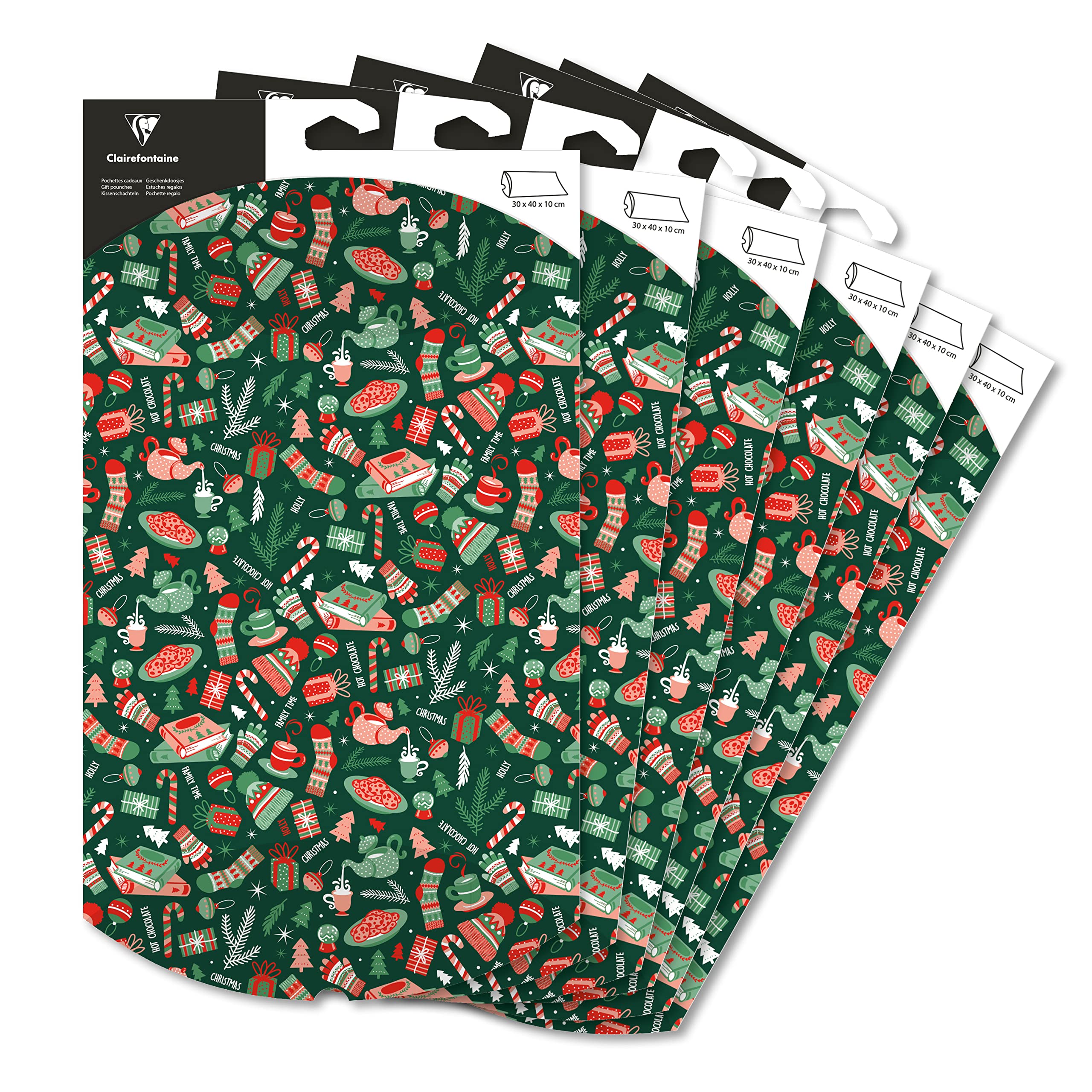 Clairefontaine 618014C - 6 Large Folding Gift Bags - 30x40cm - Designs : Christmas cosy - Pillow box - Gift wrapping - Suitable for gifts, books, games, etc