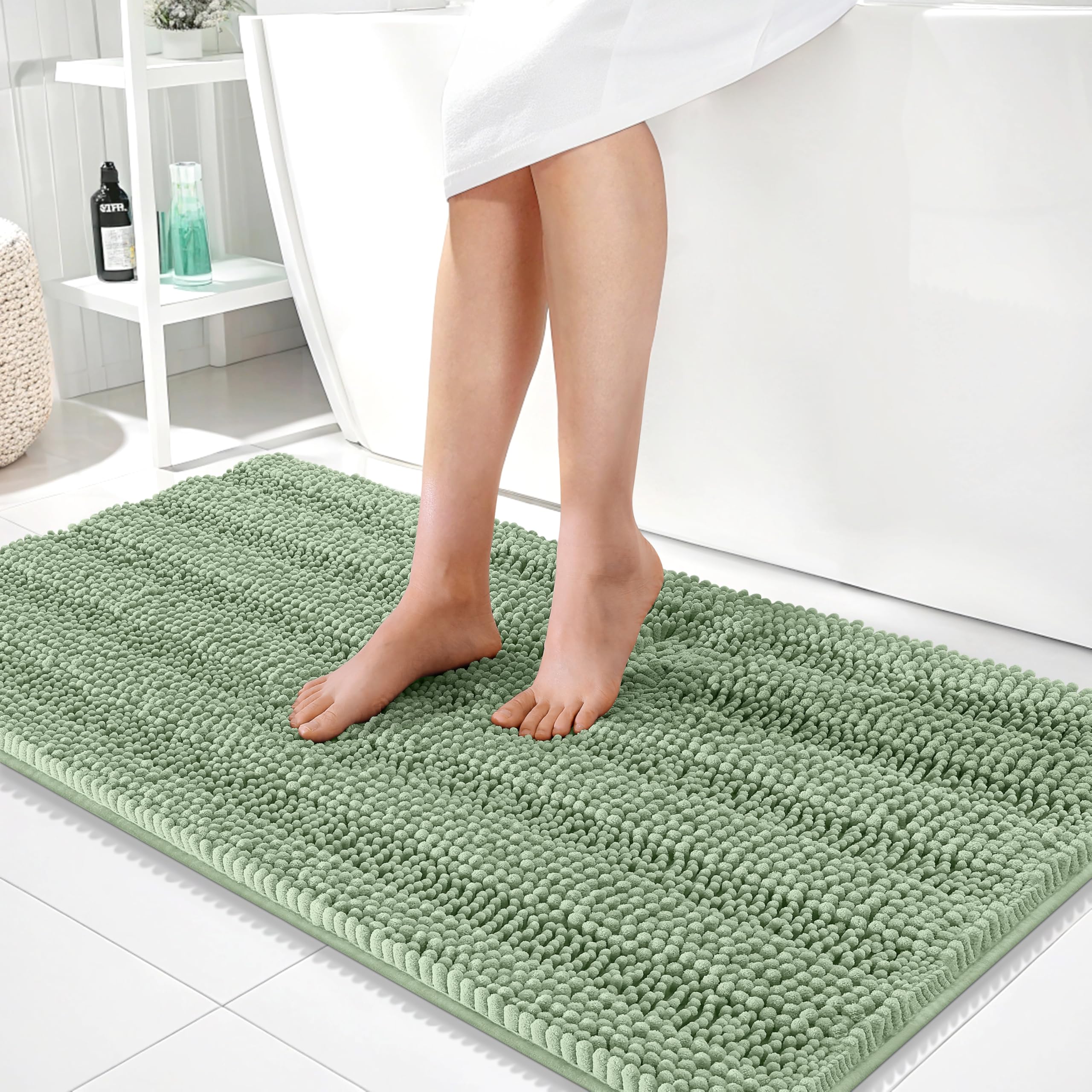 OLANLY Thick Bathroom Runner Rugs 44x24, Chenille Bath Rugs, Sage Green