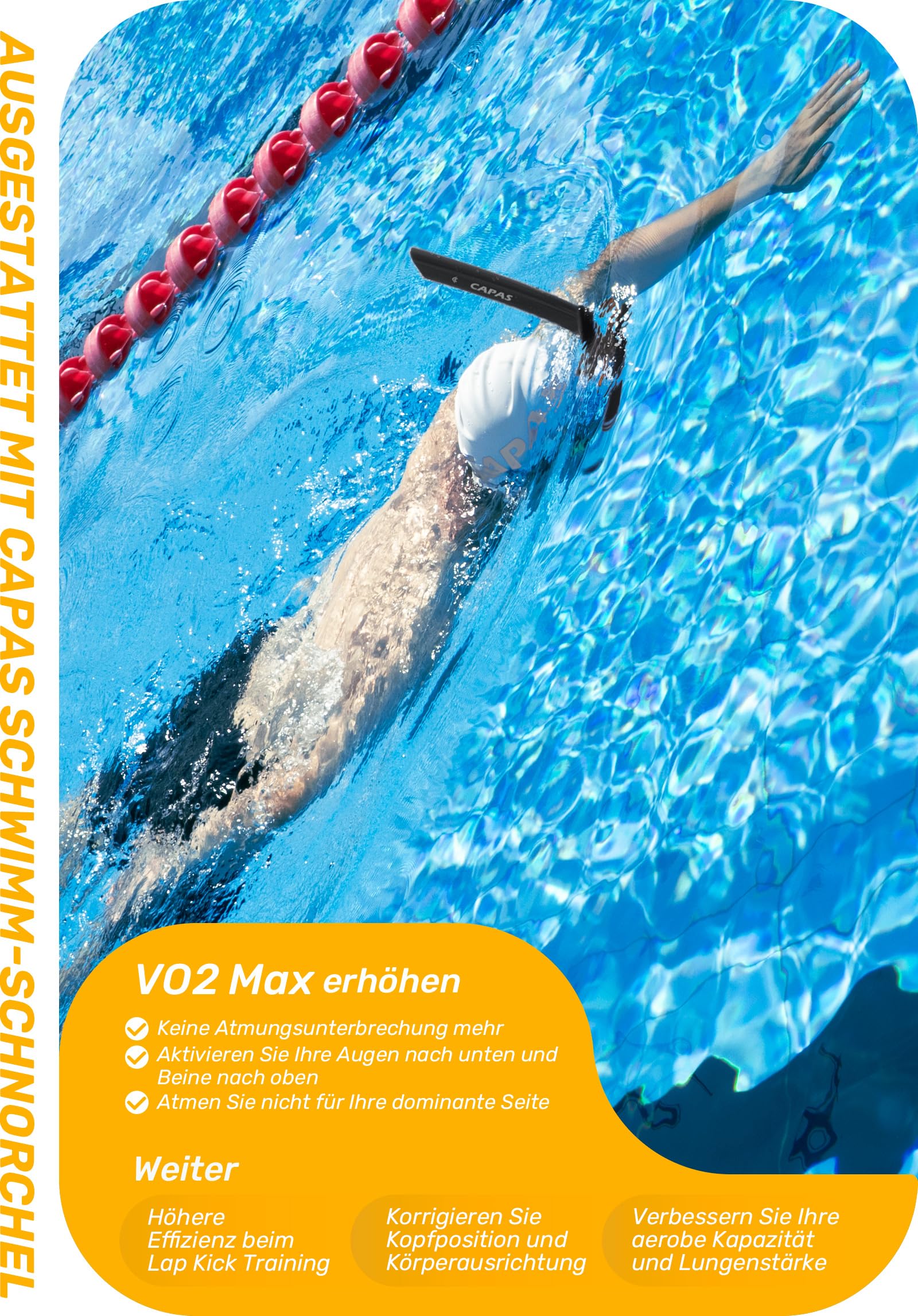 CAPAS Training Schwimmen Schnorchel für Runde Schwimmen, ideale Passform, Schwimmer-Schnorchel mit Flüssigkeit Silikon Mundstück verstellbaren Riemen Swivel Stirnband, für Erwachsene Männer Frauen