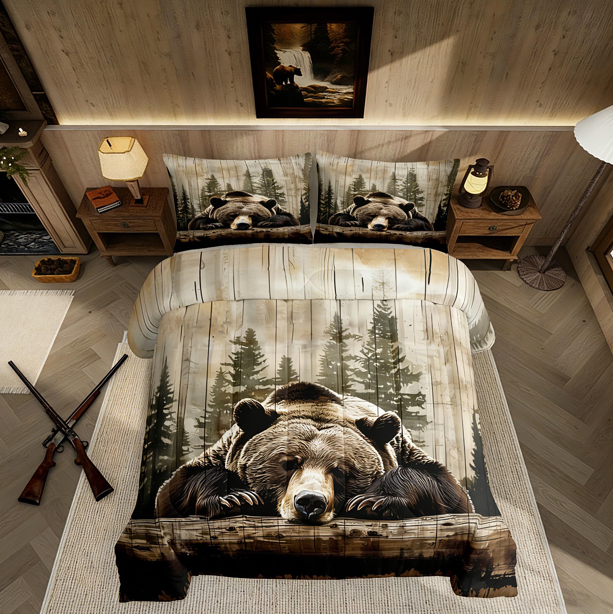 Feelyou Grizzly Bear Comforter Set Queen Size, Wild Animal Hunting Quilt Set with 2 Pillowcases, Western Cabin Bedding Set 3pcs for Kids Boys Teens