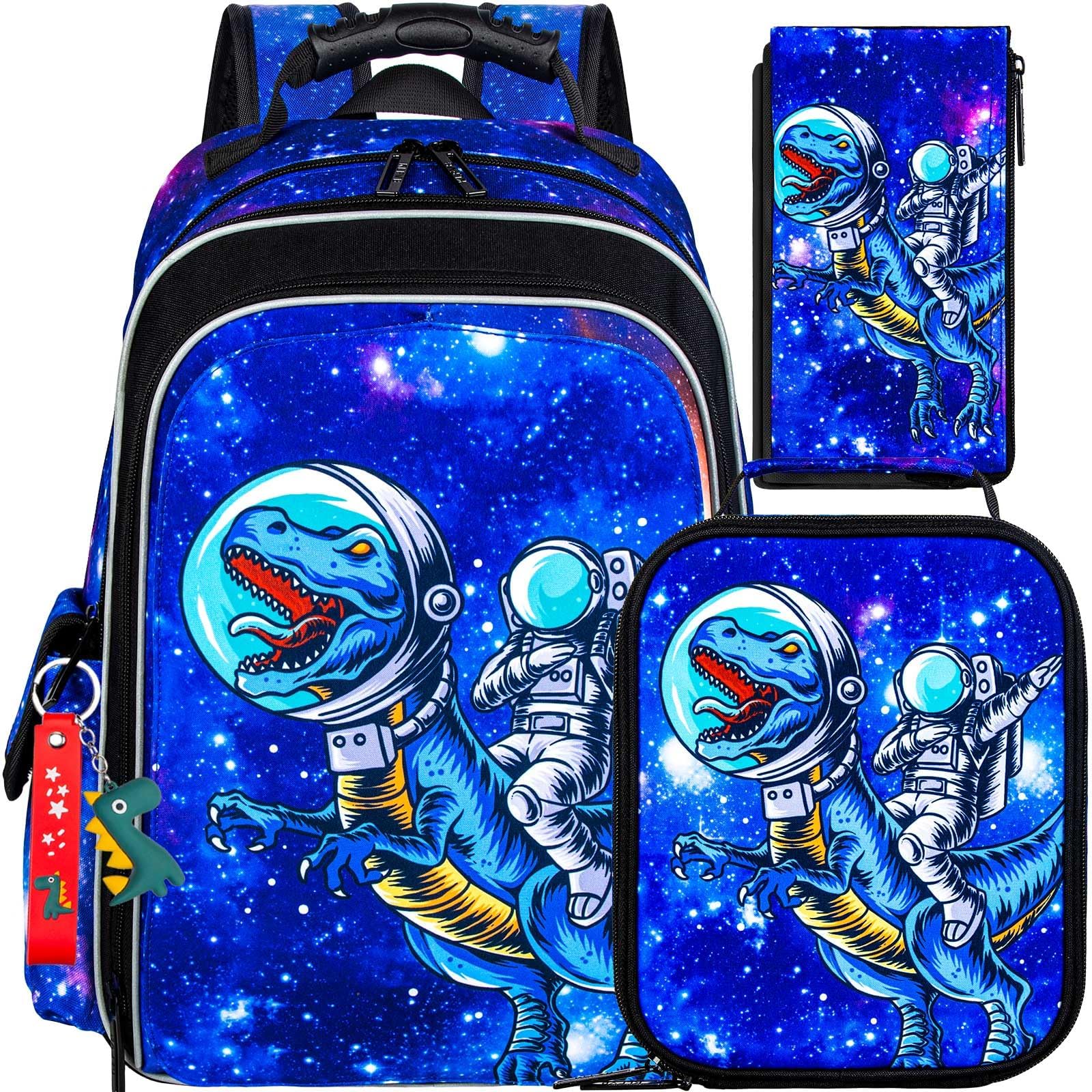 UFNDC Dinosaurier-Rucksack für Jungen, Vorschul-Büchertasche mit Lunchbox, 40,6 cm, wasserabweisend, Schultasche für Grundschulkinder, 3 Stück, Dinosaurier-Astronaut, 40,6 cm, Einheitsgröße,