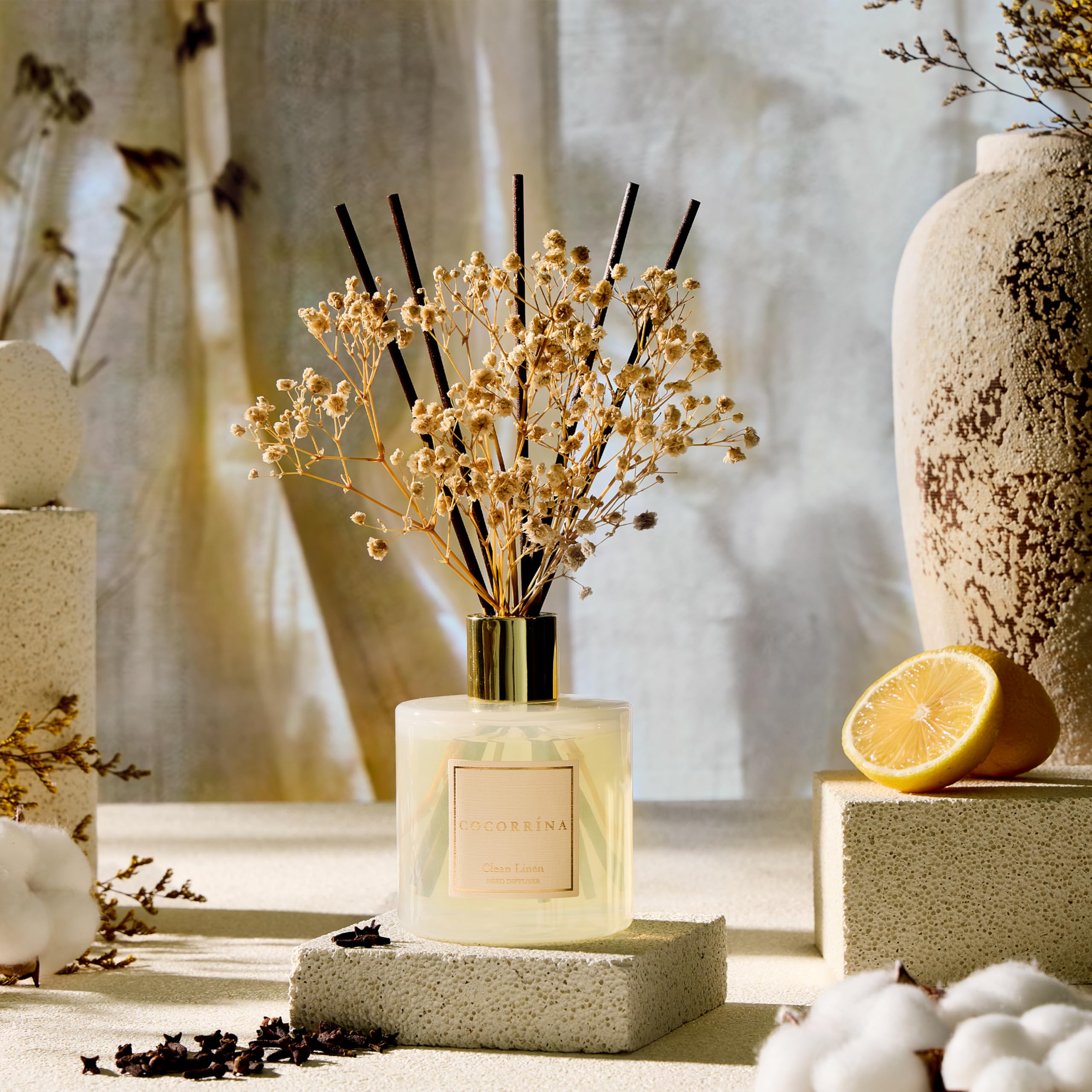 COCORRÍNA Diffusore Profumo Ambiente 200ml con Bastoncini, Clean Linen, 2 Pack, Diffusore di Olio Essenziale di Fragranza per la Casa per la Decorazione della Mensola del Bagno