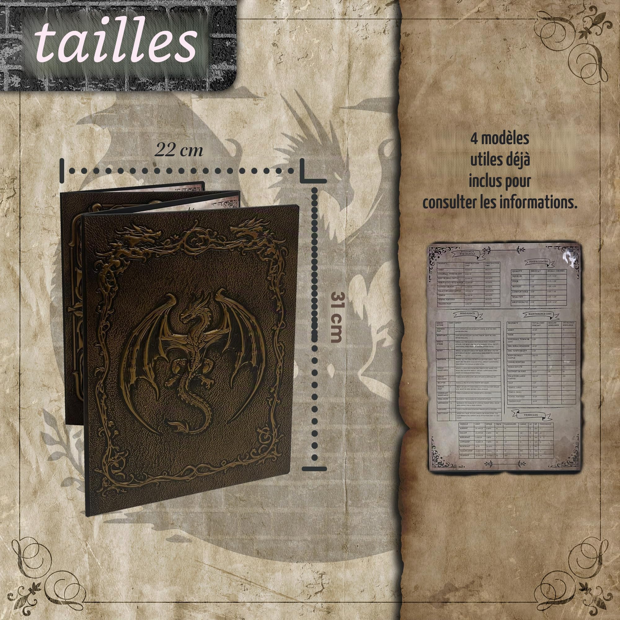 Ecran Maitre du Jeu Dungeon Master avec Bac à Dés DOJA Hobbies, DM Screen DND MJ Pliable 4 Panneaux en Simili Cuir Cuivre avec Inserts Personnalisables, Accessoire Donjons et Dragons Jeu de Rôle