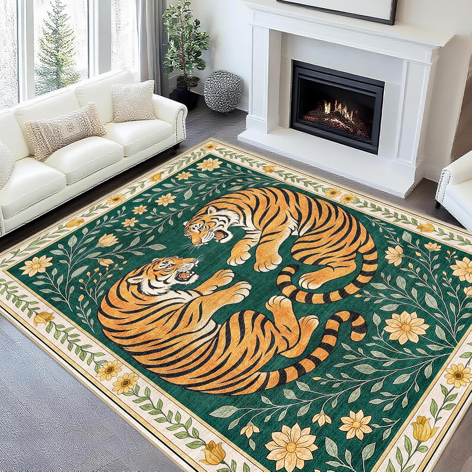 Area Rug 5x7 Tiger Rug for Living Room Vintage Tiger Green Botanical Rugs Machine Washable Retro Mid Century Modern Rugs Non-Slip Printed Low-Pile Indoor Floor Carpet for Dining Room Bedroom Office