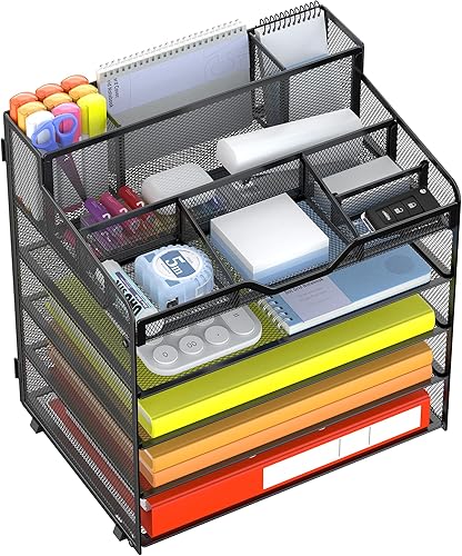 Docnest Organizador de escritorio de malla de 5 niveles para suministros de oficina de papel, bandeja multifuncional para cartas con 5
