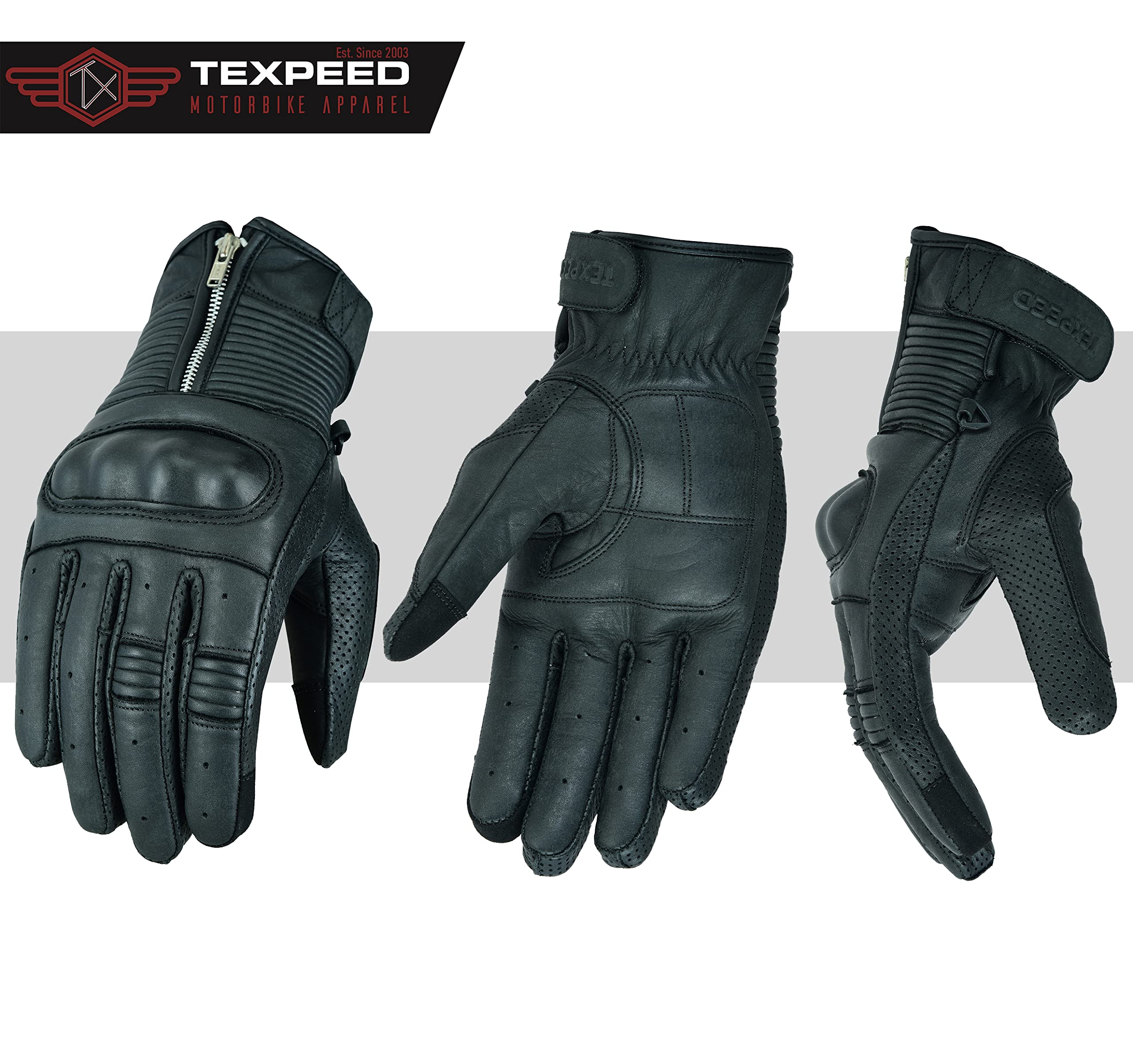 Texpeed Guanti da moto in pelle uomo - Estivi/invernali Guanti per motociclisti - Protezione delle mani zippata per ciclomotore Armatura