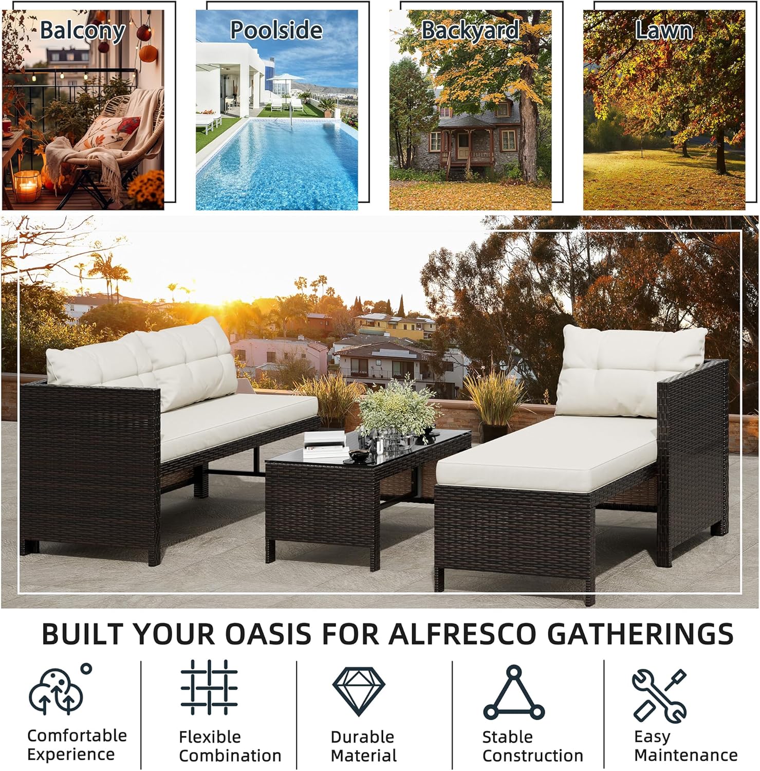 SUNLEI Wicker Patio Conversation Furniture Set or with Outdoor Pit Table (Creamy White Cushion/Silver Rattan, 3 PCS Sofa)