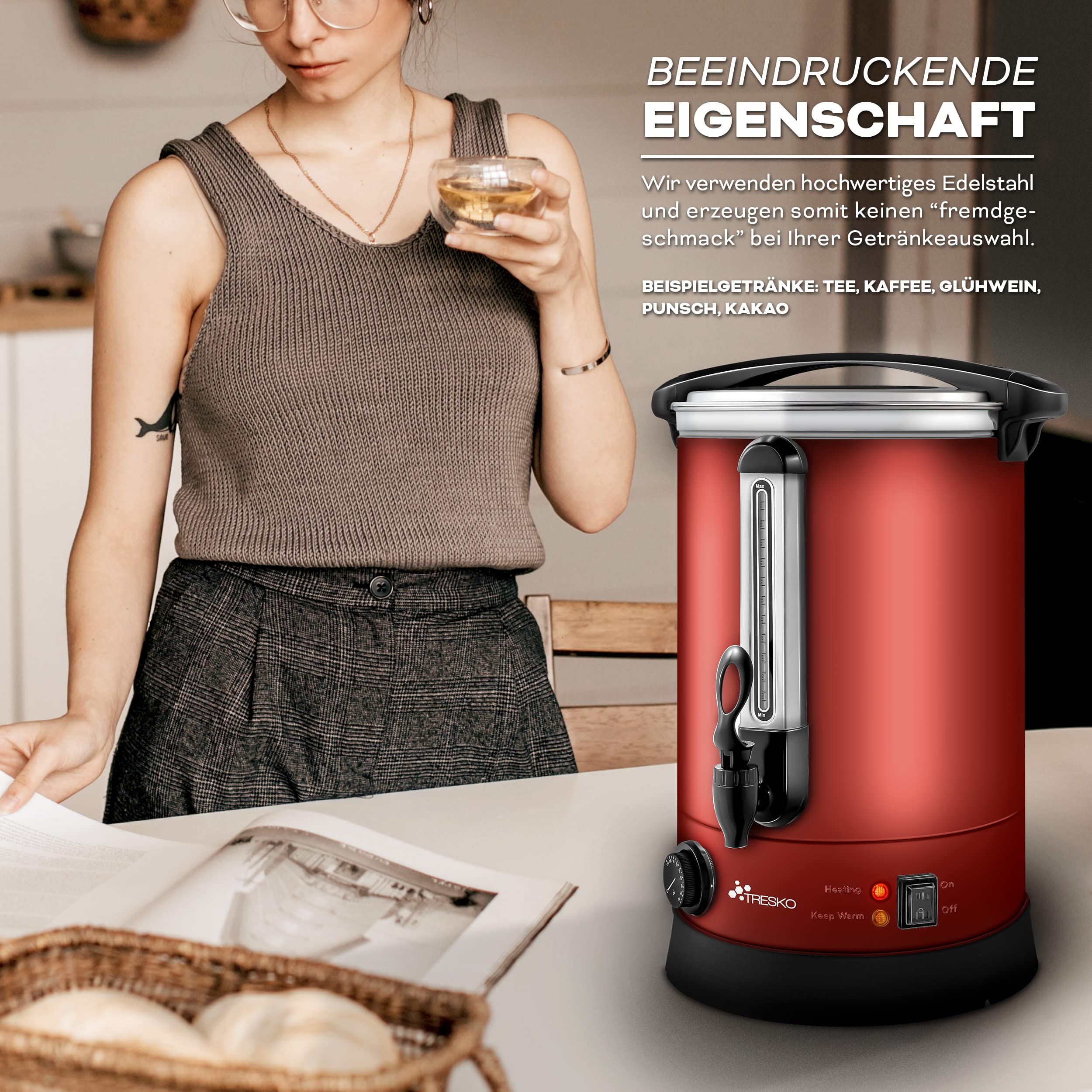 TRESKO® Distributeur de Boissons Chaudes et/ou Vin 10L / 1500W | Chaud Autocuiseur Minuteur en INOX | Chauffe-boissons | Appareil Chauffe d'Eau
