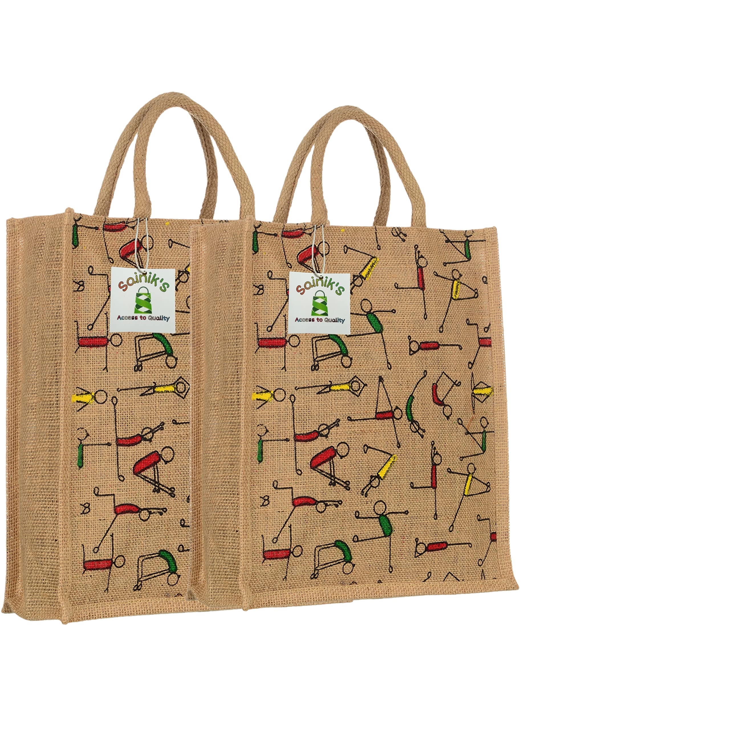 SAINIK'S - ACCESS TO QUALITY Jute Shopping Grocery Bag Printed Lunch Bags for Men and Women Tote Bag and Lunch Bag with Zip (Pack of 2) SD-002, Multicolour, L, Style 4