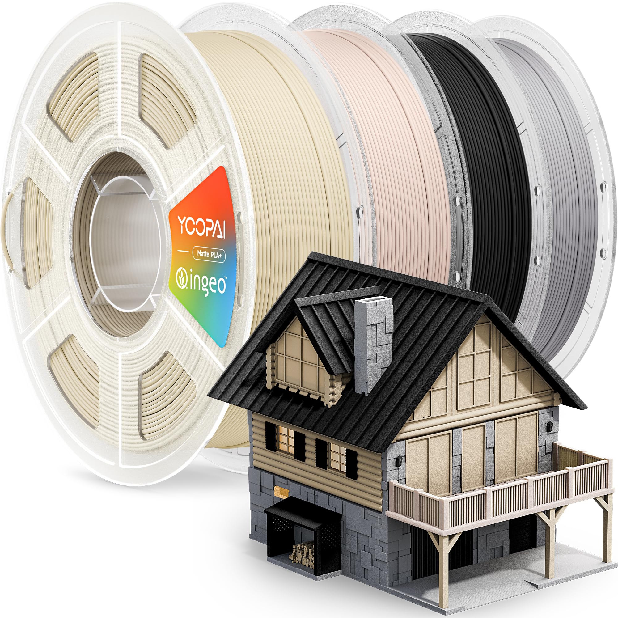 YOOPAI PLA+ Matte Filament 1.75mm, 4KG (8.8lbs) 3D Printer Filament, Dimensional Accuracy +/- 0.02 mm, Wood Brown+Beige+Charcoal Black+Nardo Gray