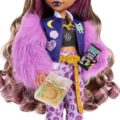 Miniatura 4 de Monster High Muñeca Lobo Clawdeen con media luna de perro y accesorios como mochila, planificador, aperitivos y más
