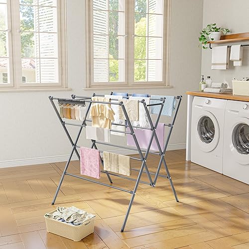 Miniatura 2 de HOMIDEC Tendedero de secado de ropa, 12 postes de secado grandes con clips para calcetines, estante de secado de ropa, plegable, portátil, para