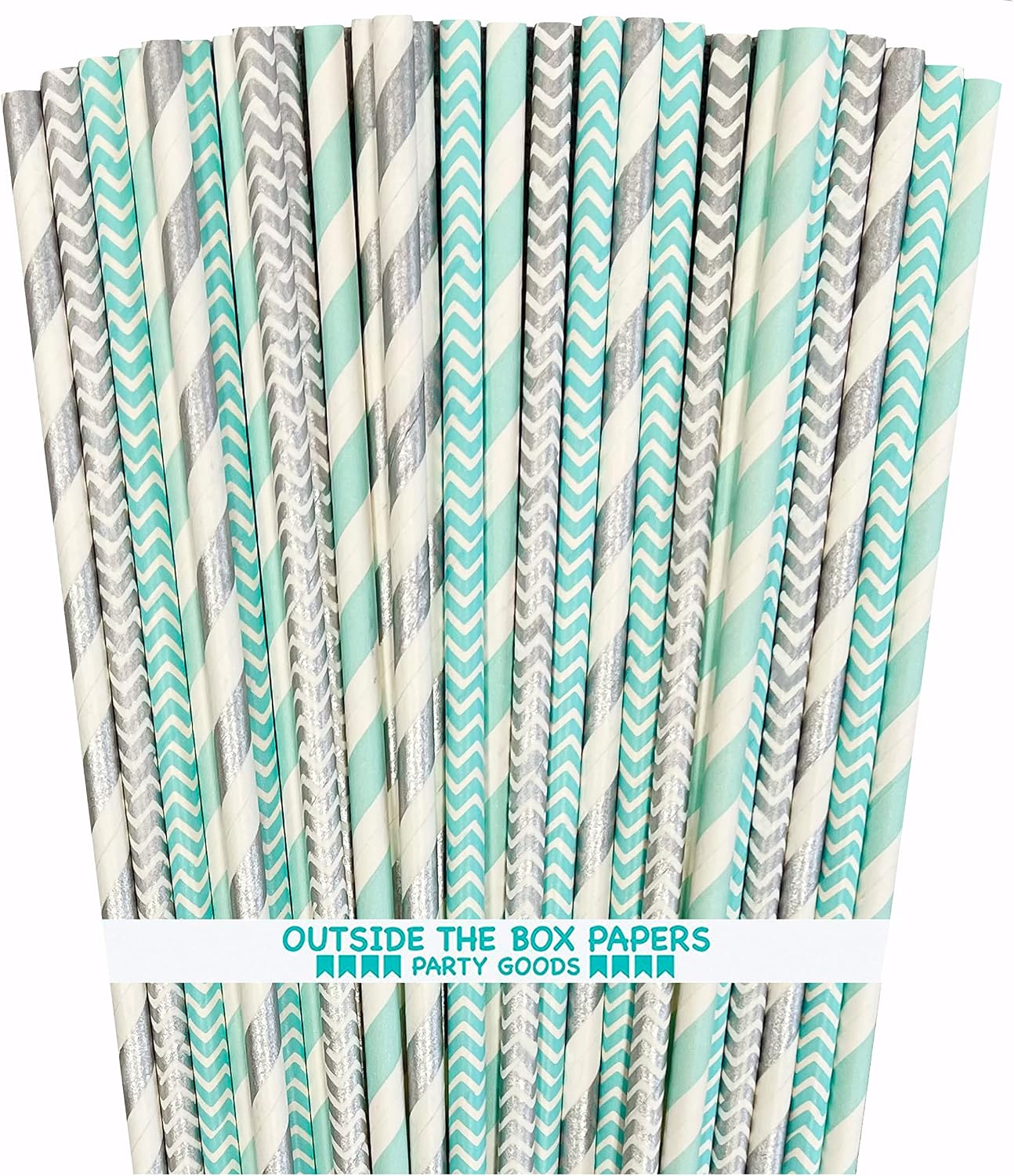 Outside the Box Papers Light Blue and Silver Stripe and Chevron Paper Straws 7.75 Inches 100 Pack Light Blue, Silver, White