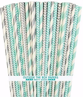 Outside the Box Papers Light Blue and Silver Stripe and Chevron Paper Straws 7.75 Inches 100 Pack Light Blue, Silver, White