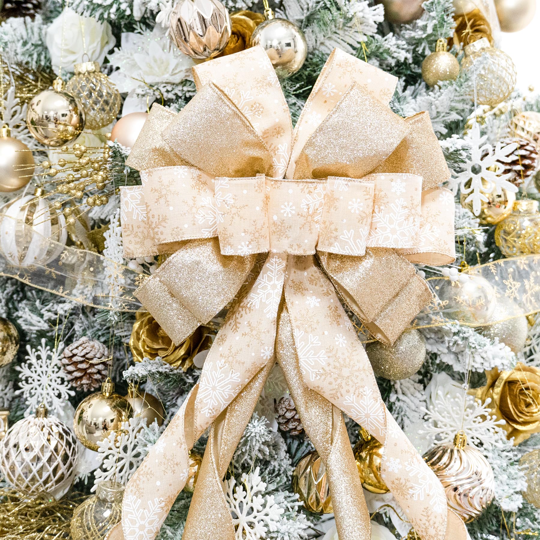 Hismir Lazo Grande de Navidad con Serpentina de Purpurina y Cinta Estampada, Lazos Decorativos para árbol de Navidad, Corona, Puerta, Festival, decoración del hogar (Copo de Nieve Dorado)