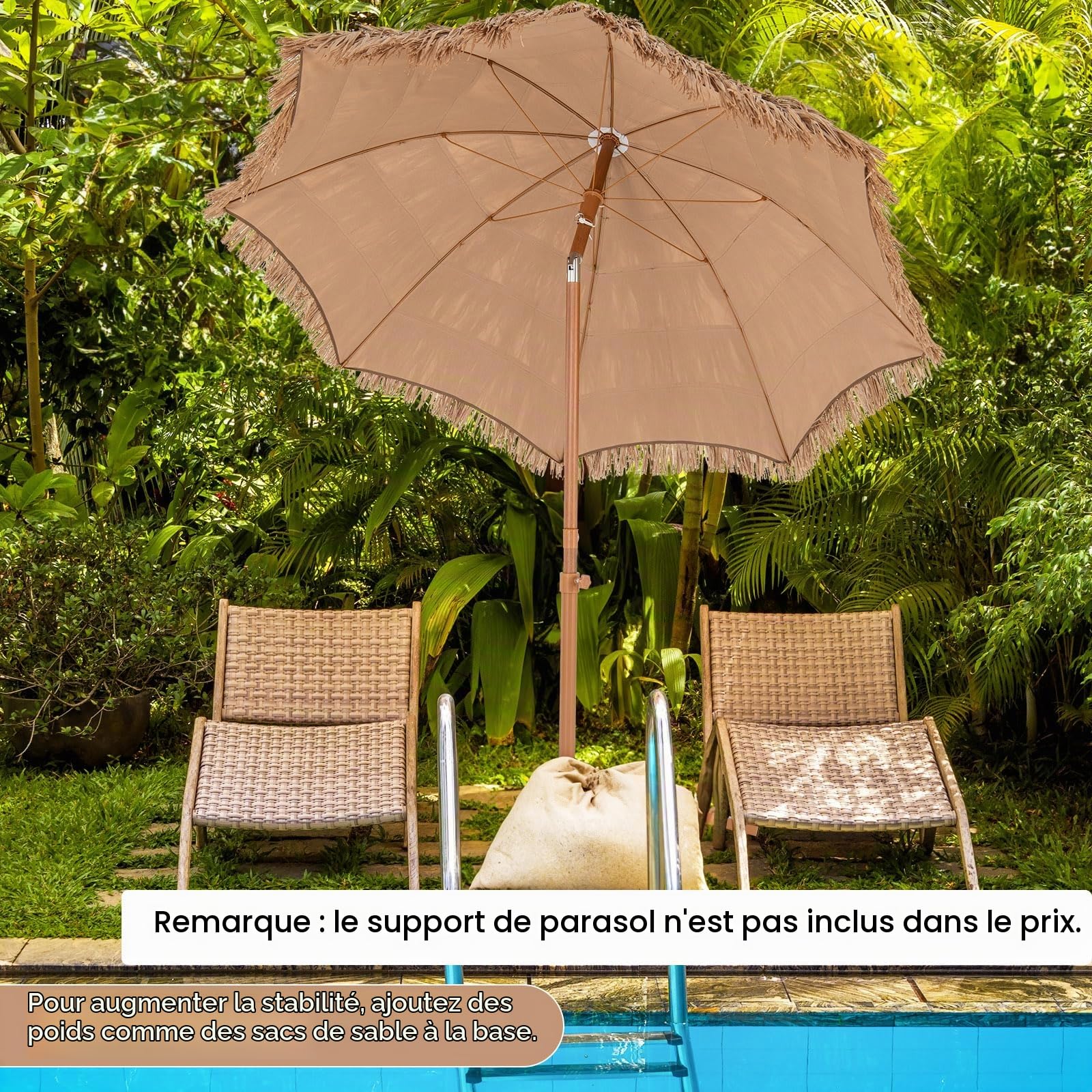 KOMFOTTEU Parasol Style Hawaïen, Hauteur 218 cm, Sac Transport, Pied Pliant