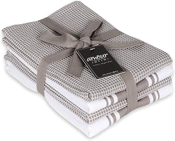 AMOUR INFINI Cotton Kitchen Towels - Set of 4 Highly Absorbent, Ultra Soft Waffle Weave Tea Towel with Hanging Loop - 20x28 Inch Quick Drying Dish Cloths for Cleaning Beige